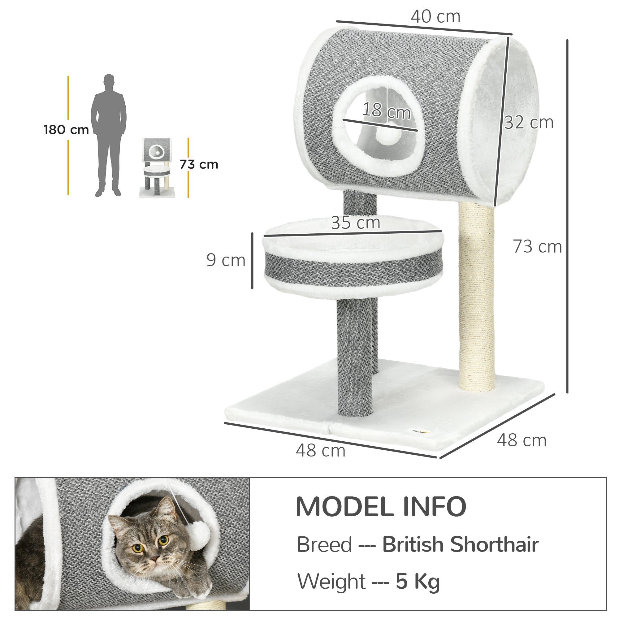 PawHut Cat Tree for Large Cats, Cat Tower with Scratching Post for Indoor Cats, Cat Activity Centre with Cat Bed, Tunnel, Toy Ball - White