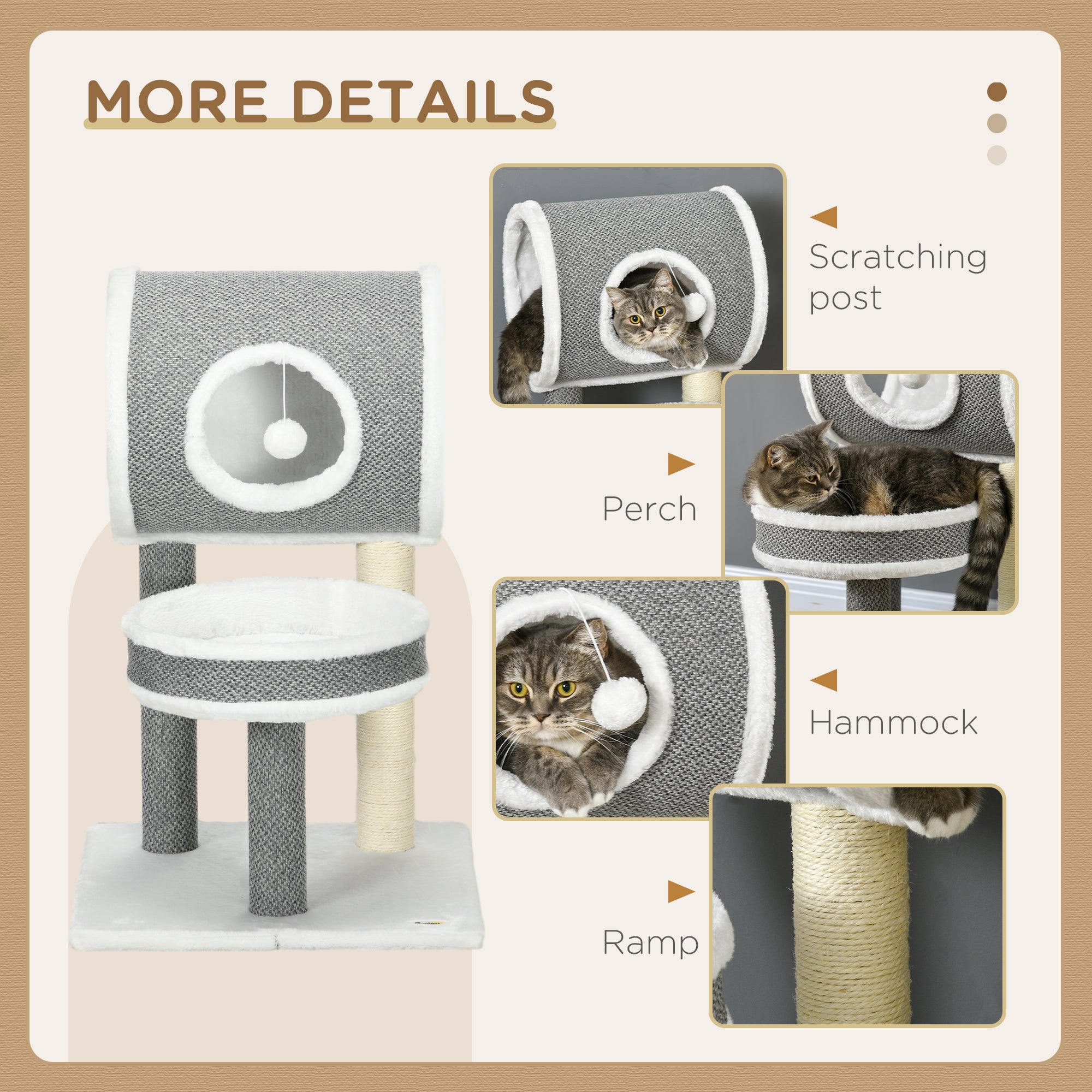 PawHut Cat Tree for Large Cats, Cat Tower with Scratching Post for Indoor Cats, Cat Activity Centre with Cat Bed, Tunnel, Toy Ball - White
