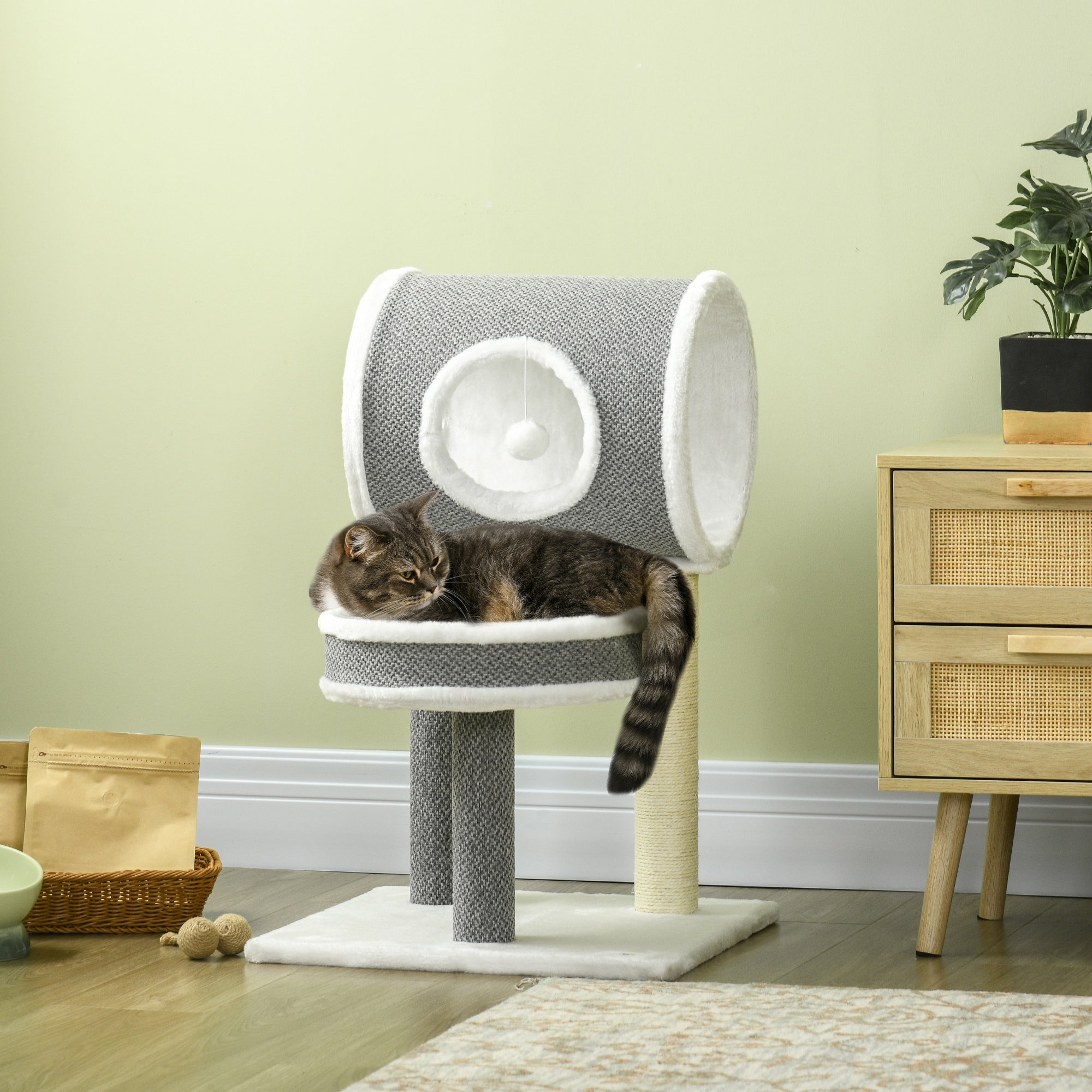 PawHut Cat Tree for Large Cats, Cat Tower with Scratching Post for Indoor Cats, Cat Activity Centre with Cat Bed, Tunnel, Toy Ball - White