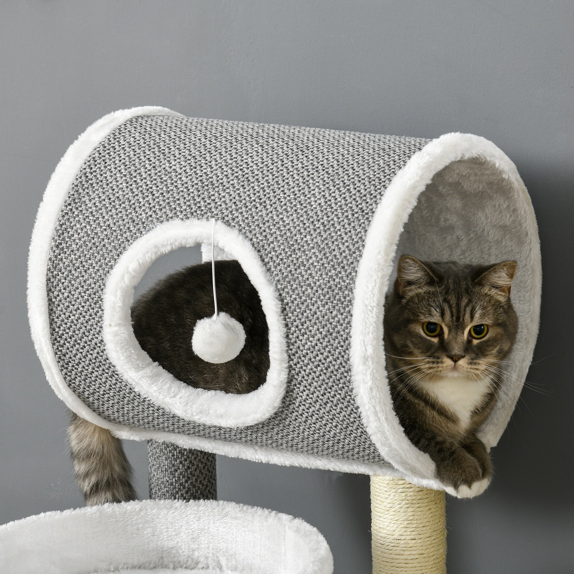 PawHut Cat Tree for Large Cats, Cat Tower with Scratching Post for Indoor Cats, Cat Activity Centre with Cat Bed, Tunnel, Toy Ball - White
