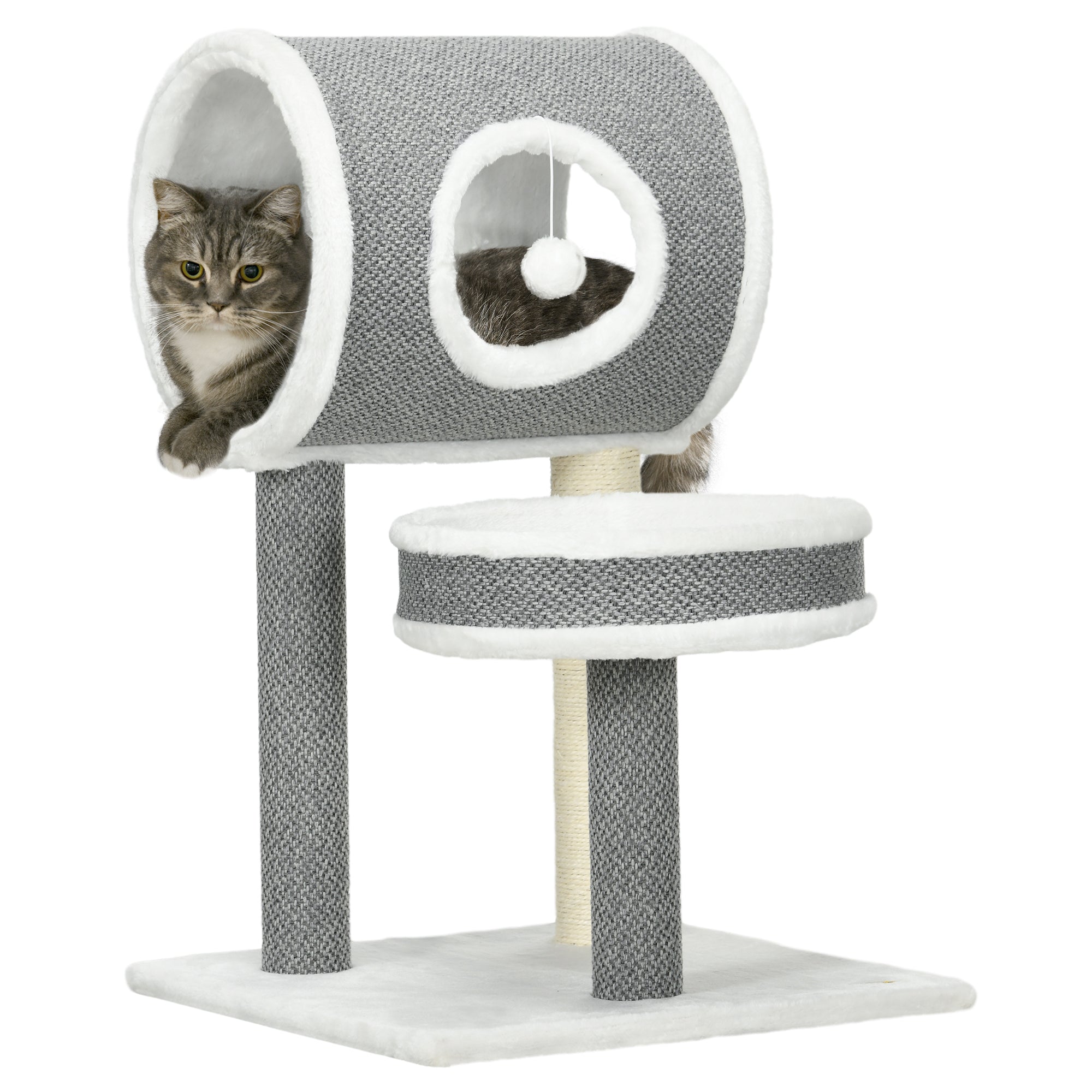 PawHut Cat Tree for Large Cats, Cat Tower with Scratching Post for Indoor Cats, Cat Activity Centre with Cat Bed, Tunnel, Toy Ball - White