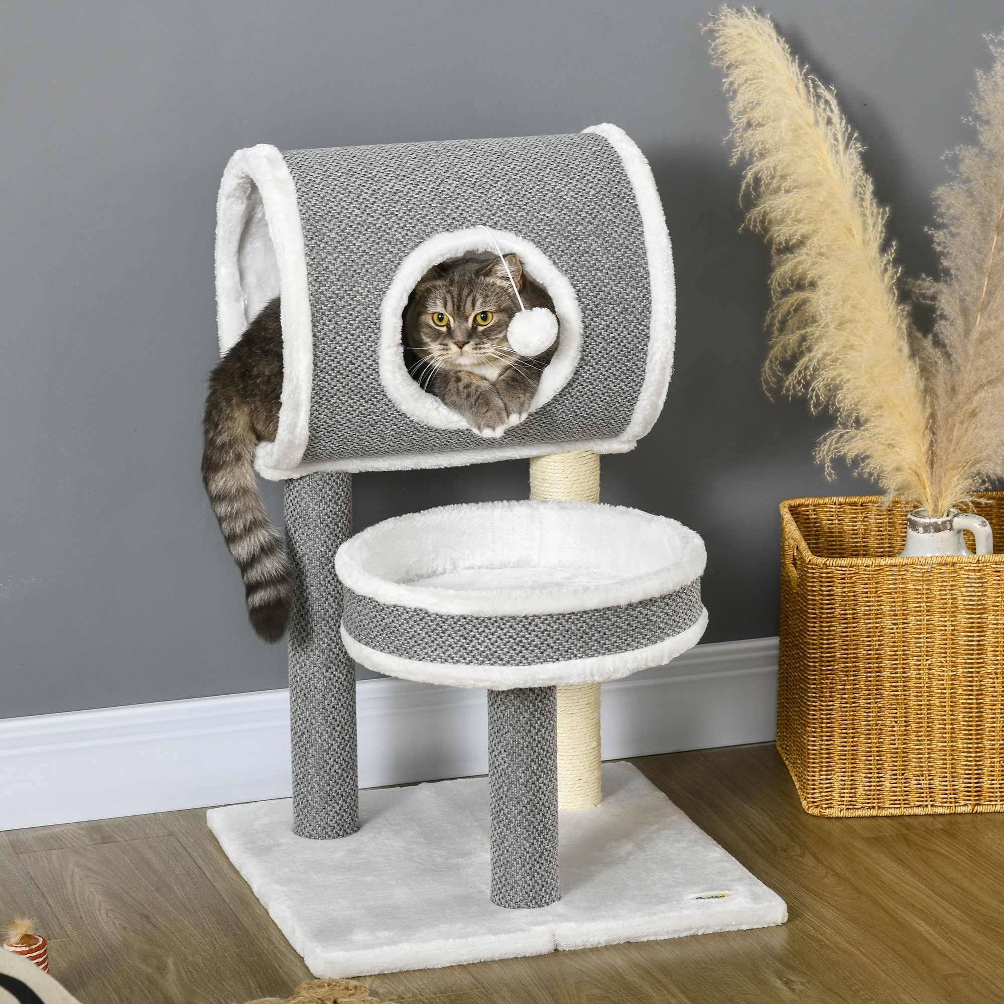 PawHut Cat Tree for Large Cats, Cat Tower with Scratching Post for Indoor Cats, Cat Activity Centre with Cat Bed, Tunnel, Toy Ball - White