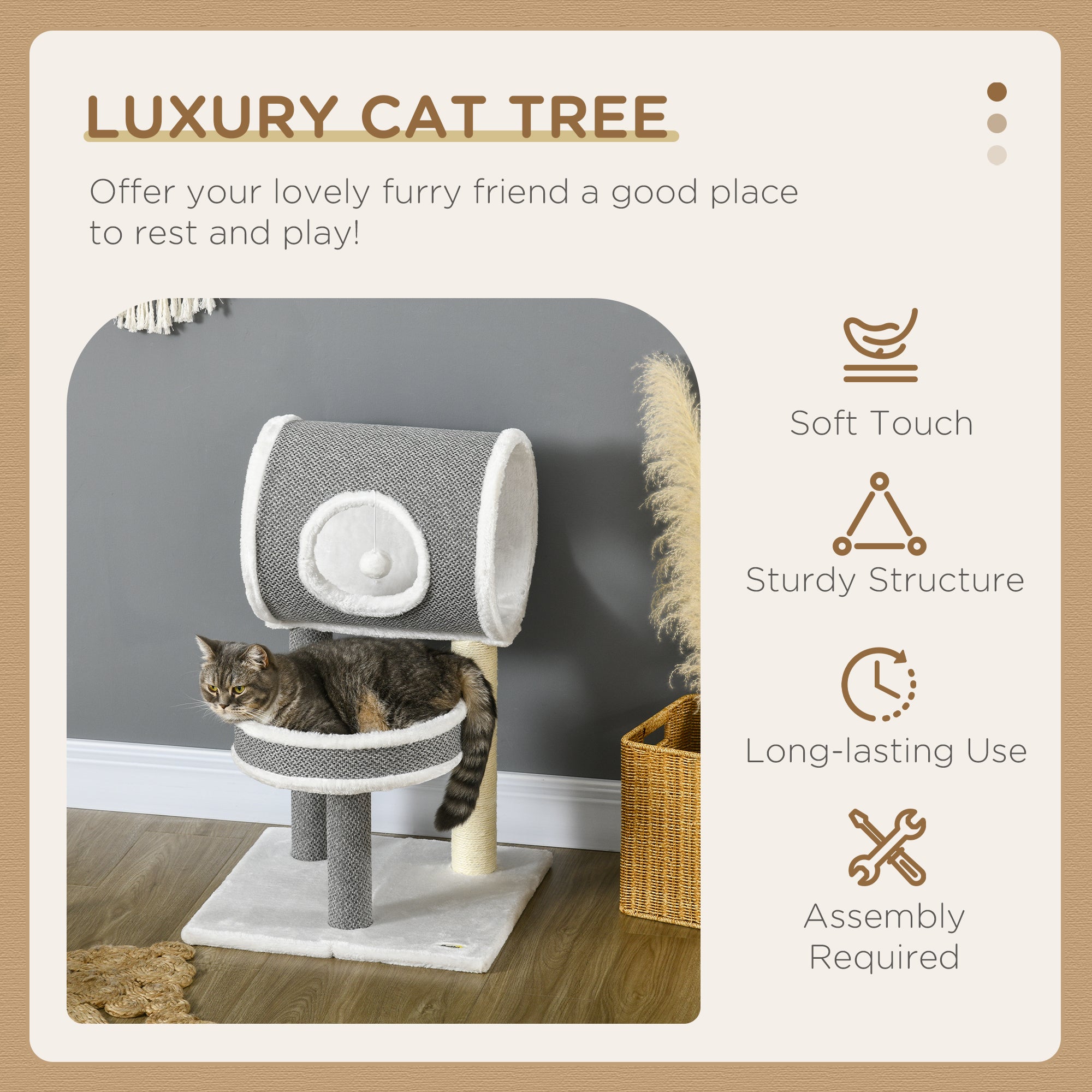 PawHut Cat Tree for Large Cats, Cat Tower with Scratching Post for Indoor Cats, Cat Activity Centre with Cat Bed, Tunnel, Toy Ball - White