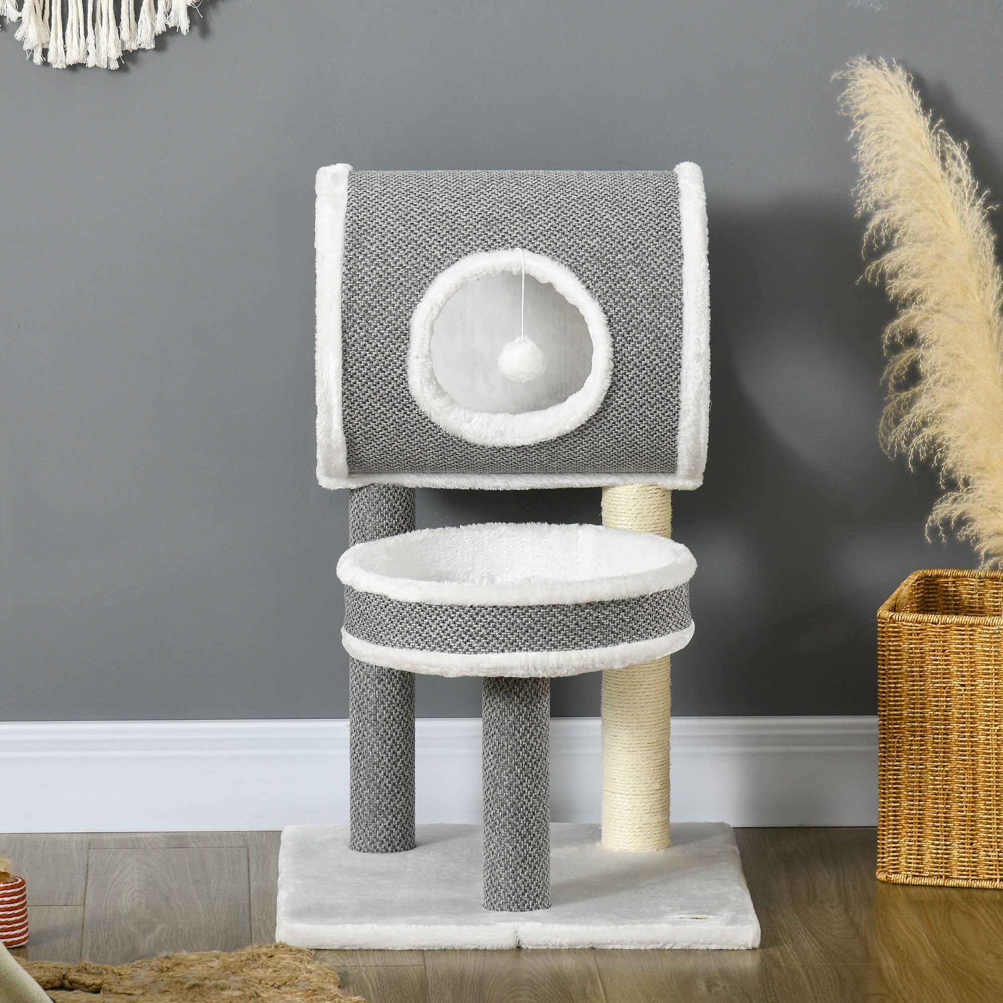 PawHut Cat Tree for Large Cats, Cat Tower with Scratching Post for Indoor Cats, Cat Activity Centre with Cat Bed, Tunnel, Toy Ball - White