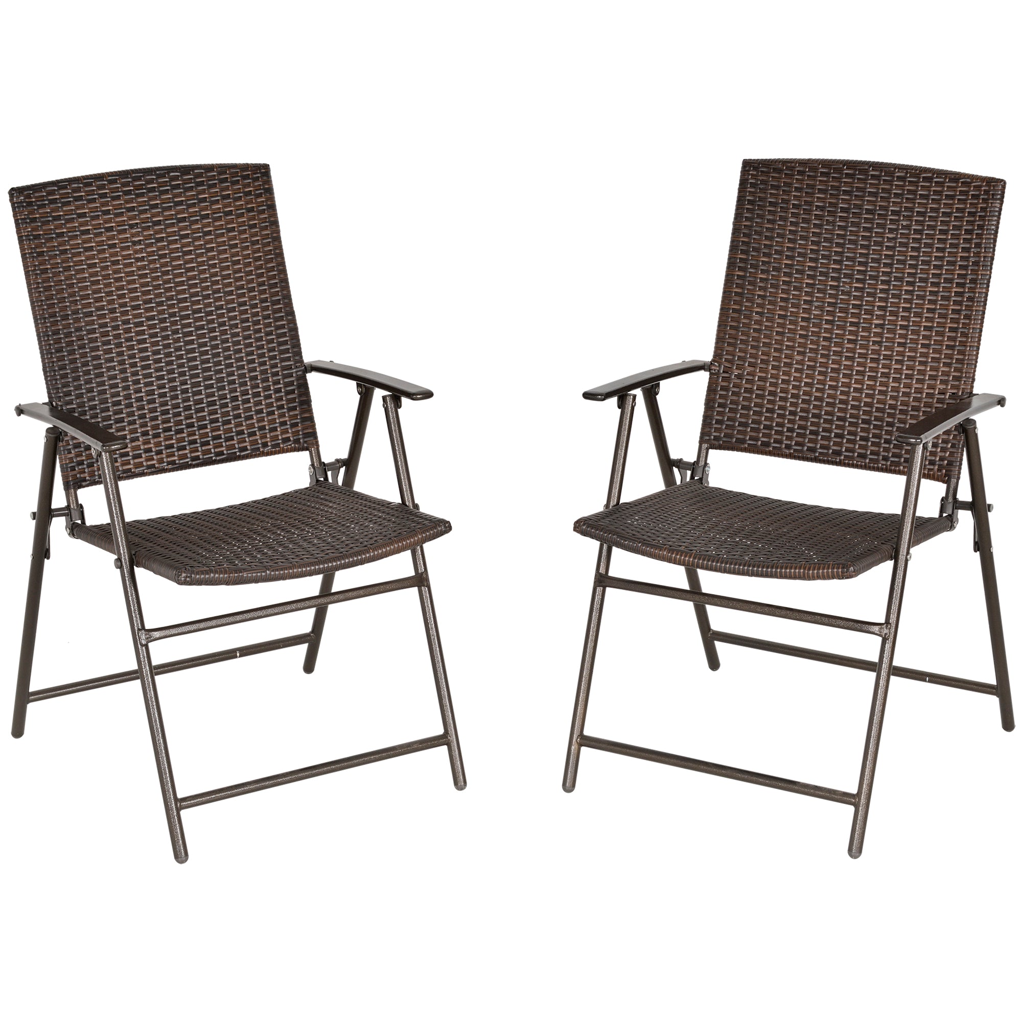 Outsunny Outdoor Wicker Dining Chair Set of 2, 2 Pieces Rattan Foldable Chair with Steel Frame for Garden, Backyard, Porch, Brown