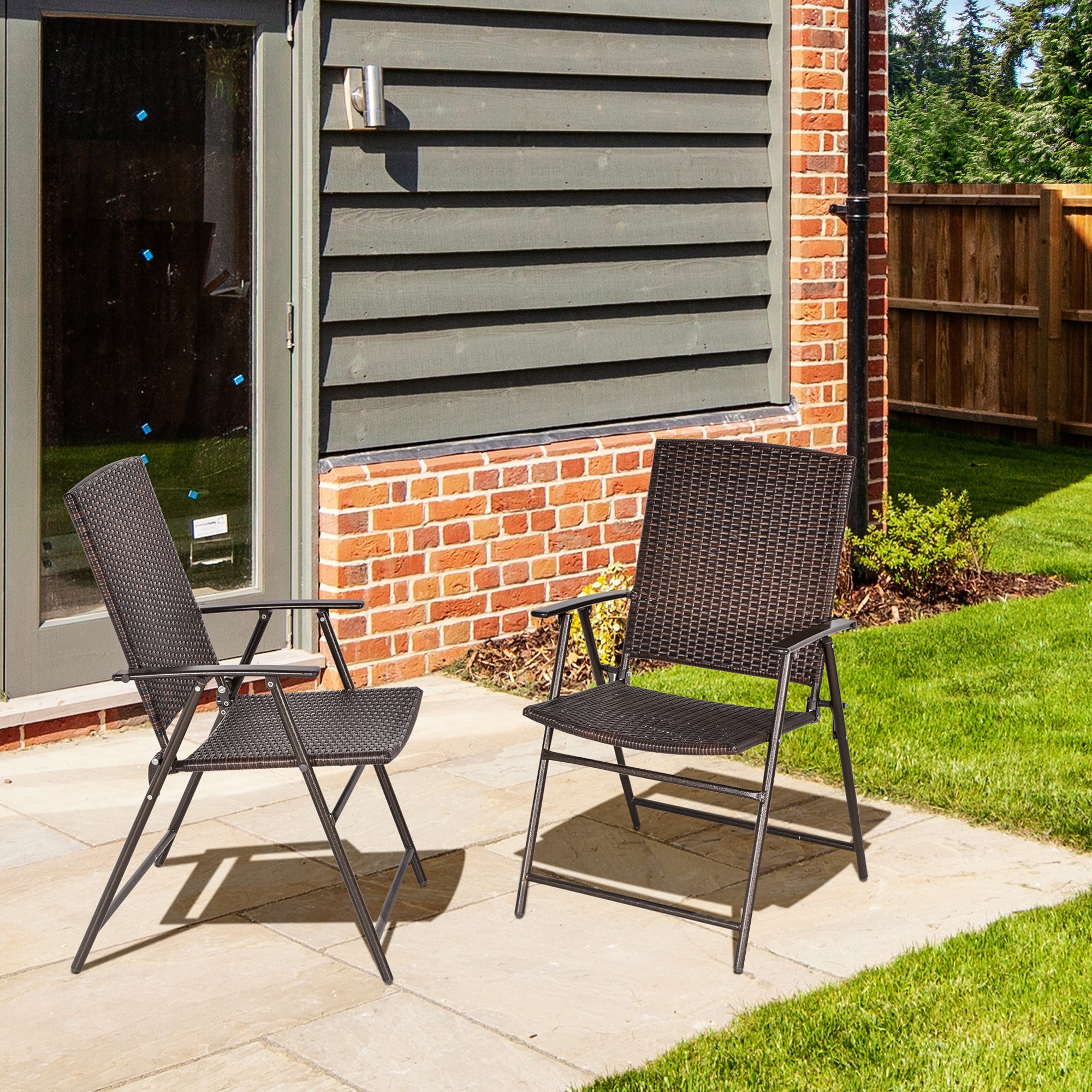 Outsunny Outdoor Wicker Dining Chair Set of 2, 2 Pieces Rattan Foldable Chair with Steel Frame for Garden, Backyard, Porch, Brown