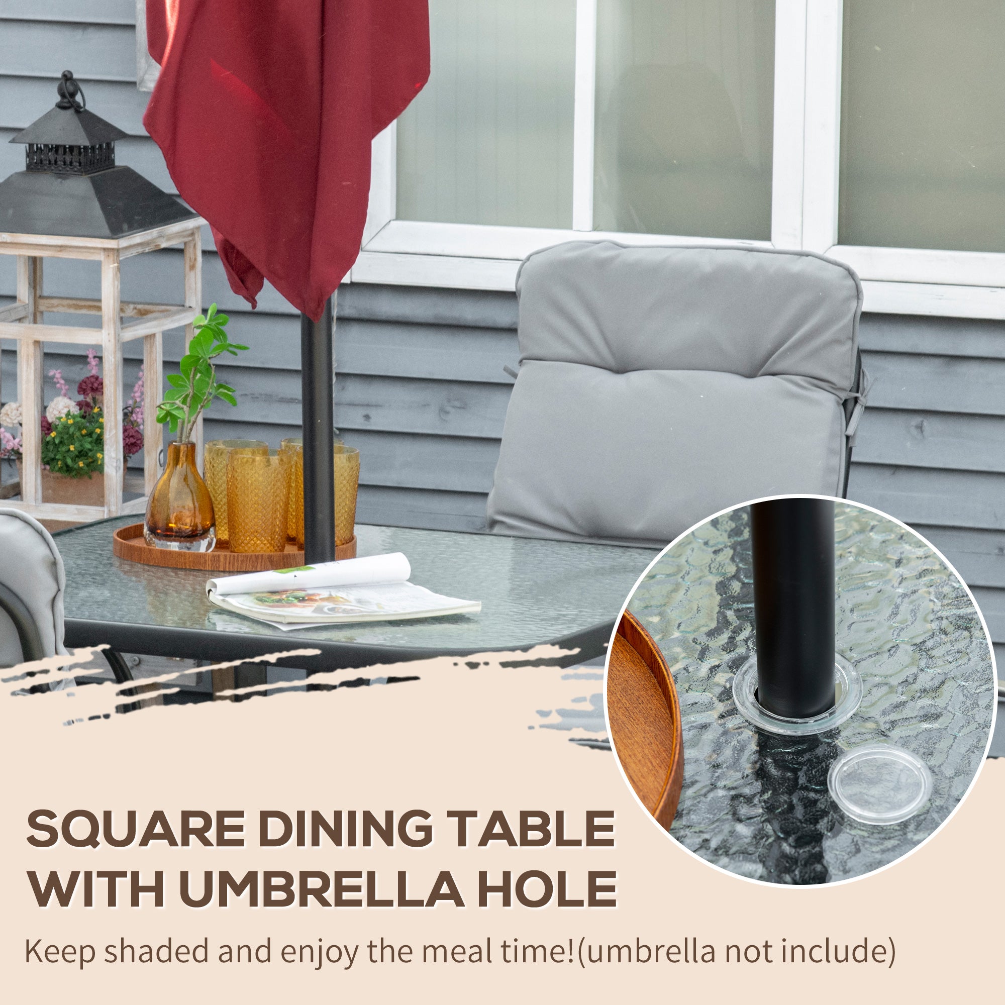 Outsunny 5 Piece Patio Dining Set, Outdoor Square Dining Table and 4 Cushioned Armchairs, Tempered Glass Top Table with Umbrella Hole for Garden, Patio, Balcony, Black