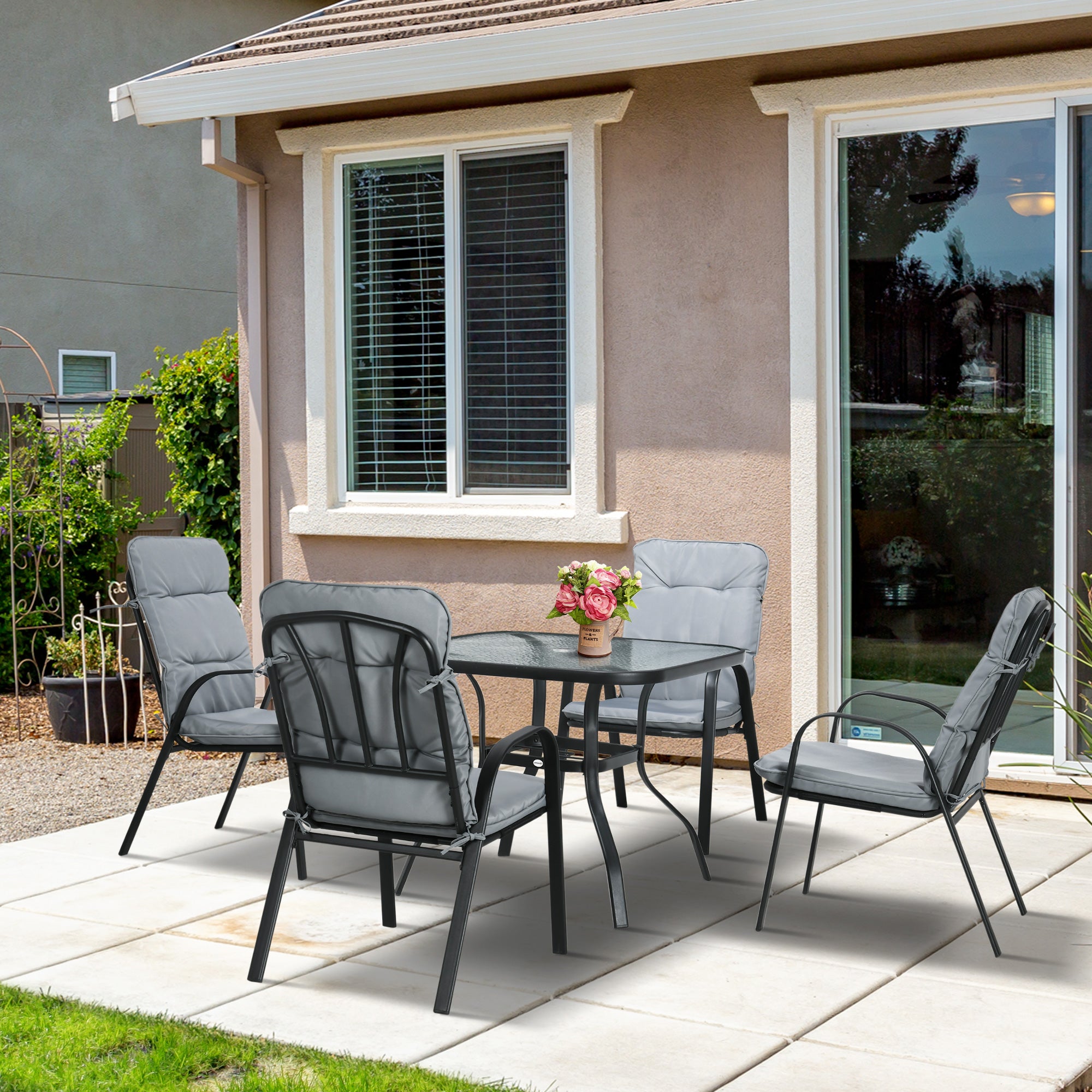 Outsunny 5 Piece Patio Dining Set, Outdoor Square Dining Table and 4 Cushioned Armchairs, Tempered Glass Top Table with Umbrella Hole for Garden, Patio, Balcony, Black