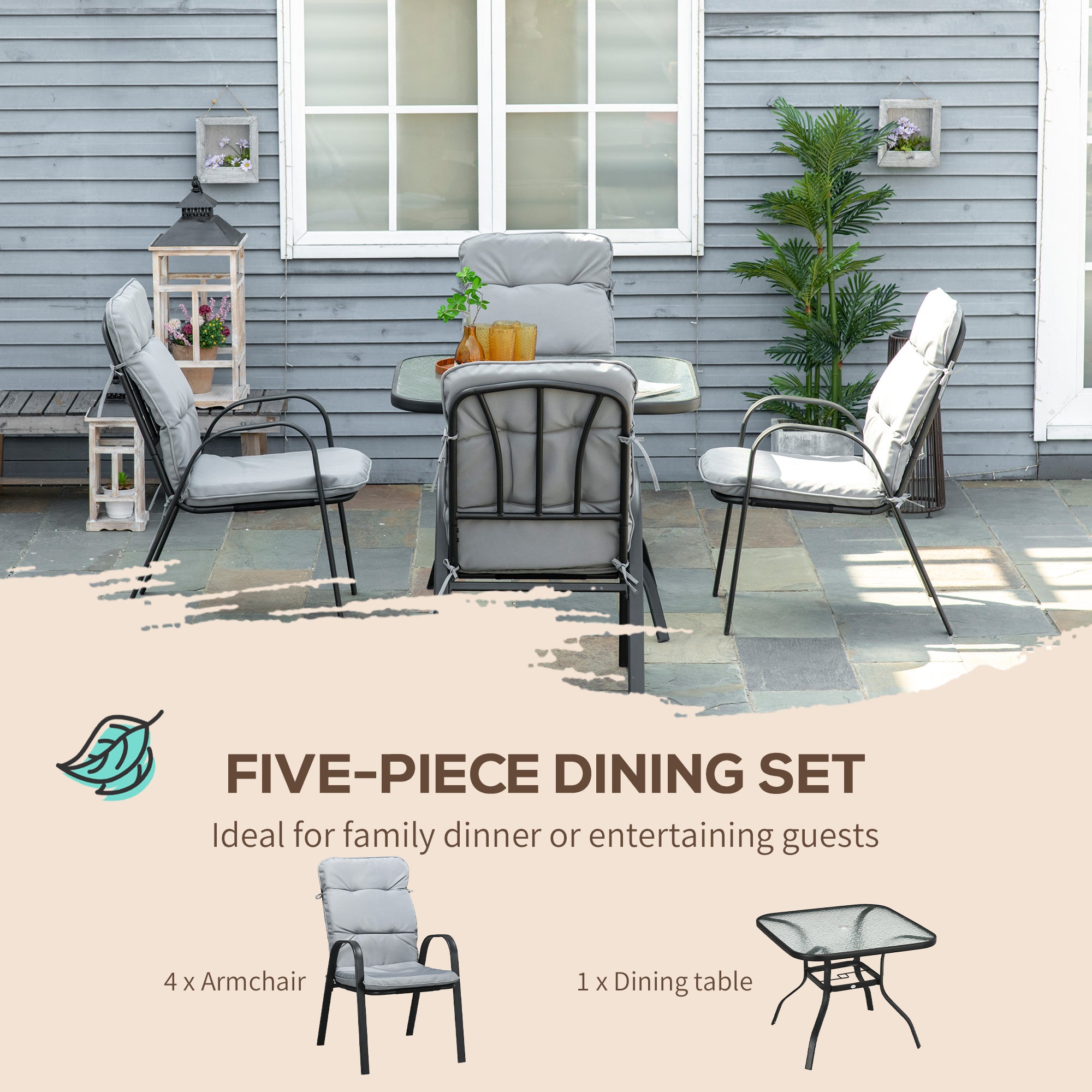Outsunny 5 Piece Patio Dining Set, Outdoor Square Dining Table and 4 Cushioned Armchairs, Tempered Glass Top Table with Umbrella Hole for Garden, Patio, Balcony, Black