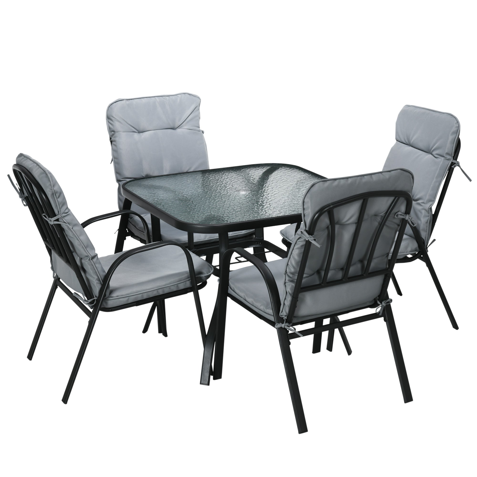 Outsunny 5 Piece Patio Dining Set, Outdoor Square Dining Table and 4 Cushioned Armchairs, Tempered Glass Top Table with Umbrella Hole for Garden, Patio, Balcony, Black