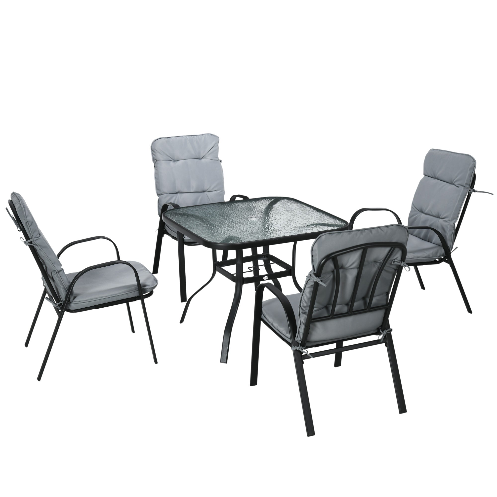 Outsunny 5 Piece Patio Dining Set, Outdoor Square Dining Table and 4 Cushioned Armchairs, Tempered Glass Top Table with Umbrella Hole for Garden, Patio, Balcony, Black