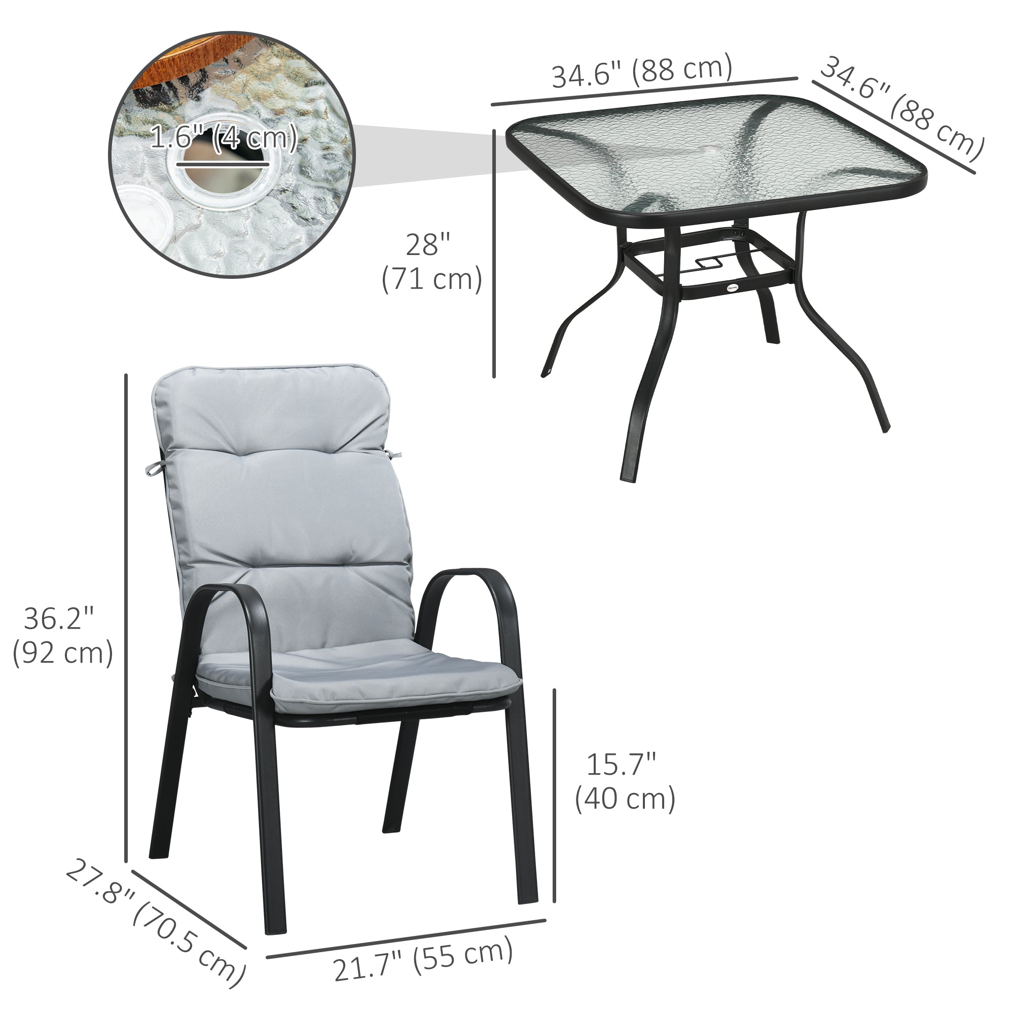 Outsunny 5 Piece Patio Dining Set, Outdoor Square Dining Table and 4 Cushioned Armchairs, Tempered Glass Top Table with Umbrella Hole for Garden, Patio, Balcony, Black