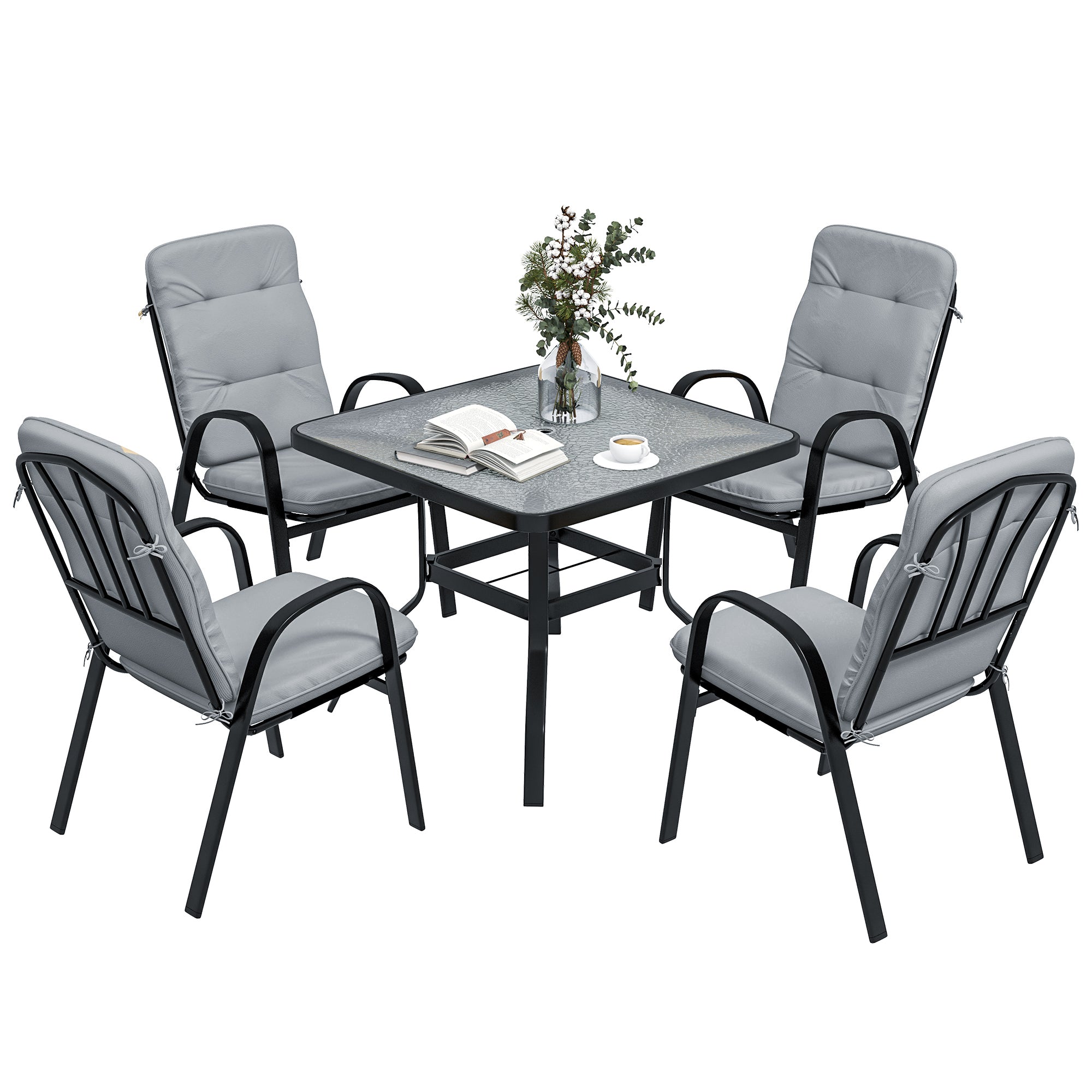 Outsunny 5 Piece Patio Dining Set, Outdoor Square Dining Table and 4 Cushioned Armchairs, Tempered Glass Top Table with Umbrella Hole for Garden, Patio, Balcony, Black