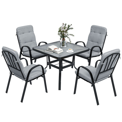 Outsunny 5 Piece Patio Dining Set, Outdoor Square Dining Table and 4 Cushioned Armchairs, Tempered Glass Top Table with Umbrella Hole for Garden, Patio, Balcony, Black