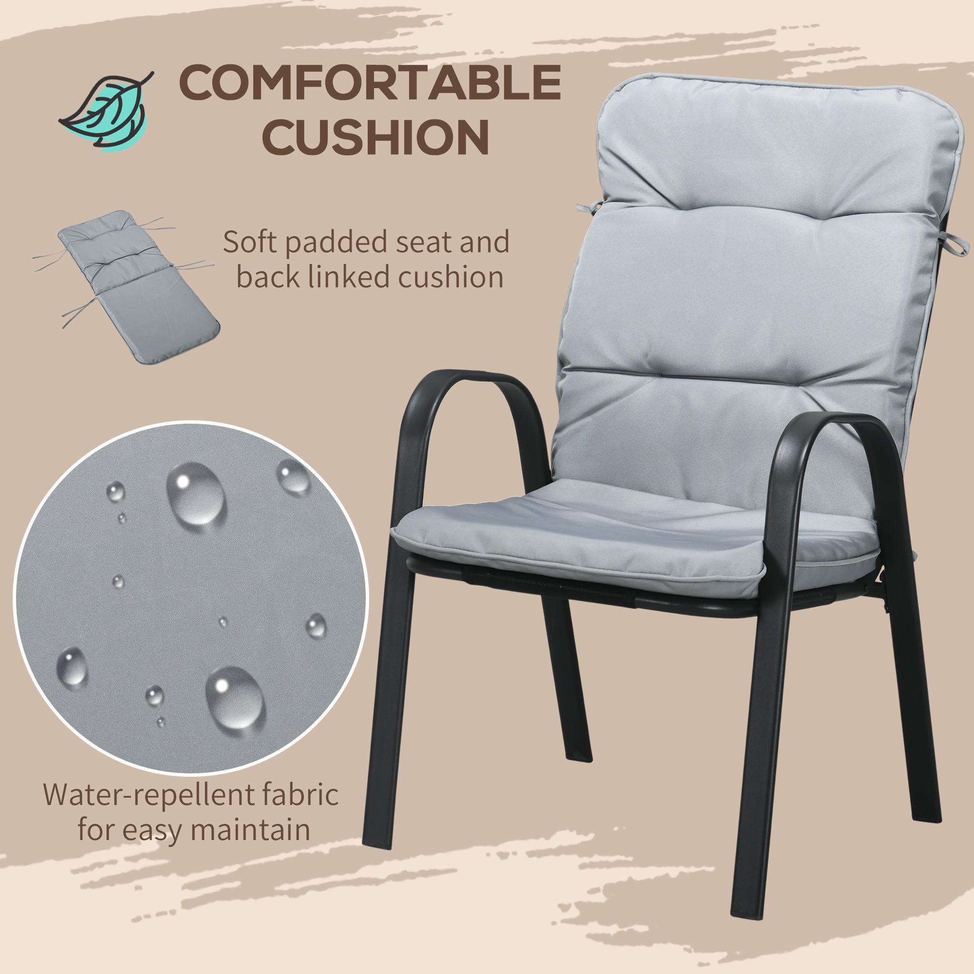 Outsunny 5 Piece Patio Dining Set, Outdoor Square Dining Table and 4 Cushioned Armchairs, Tempered Glass Top Table with Umbrella Hole for Garden, Patio, Balcony, Black