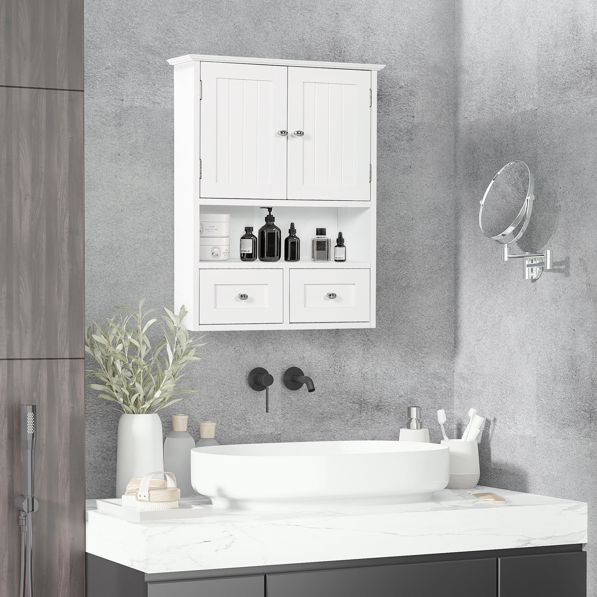kleankin Bathroom Wall Cabinet, Medicine Cabinet, Over Toilet Storage Cabinet with Shelf and Drawers for Hallway, Living Room, White