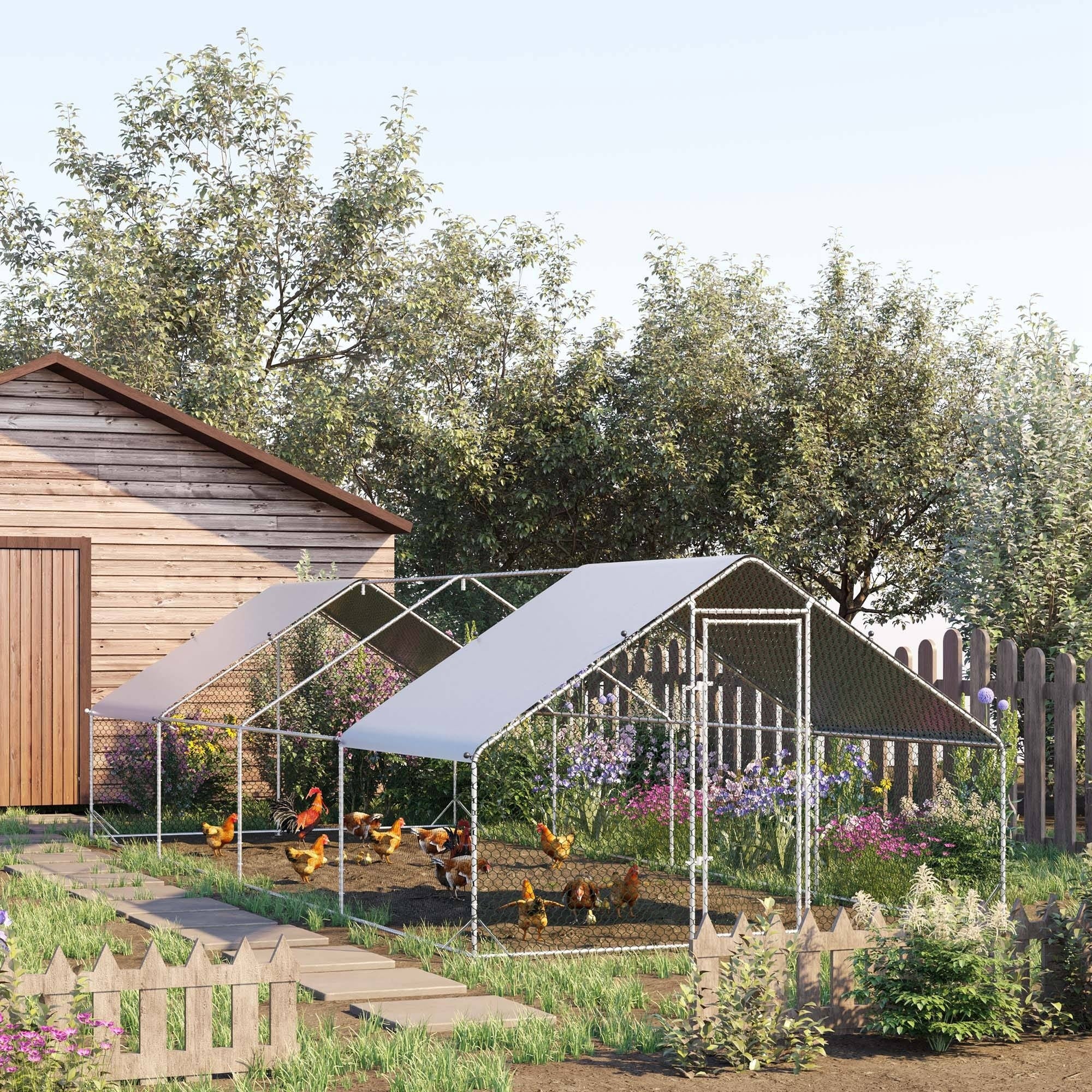 PawHut Metal Chicken Coop, Walk-in Large Chicken Run, Poultry Cage for Backyard Hen, Duck, Rabbit with Water- and UV-Protection Cover, for 16-24 Chickens, 9.8' x 26.2' x 6.6'