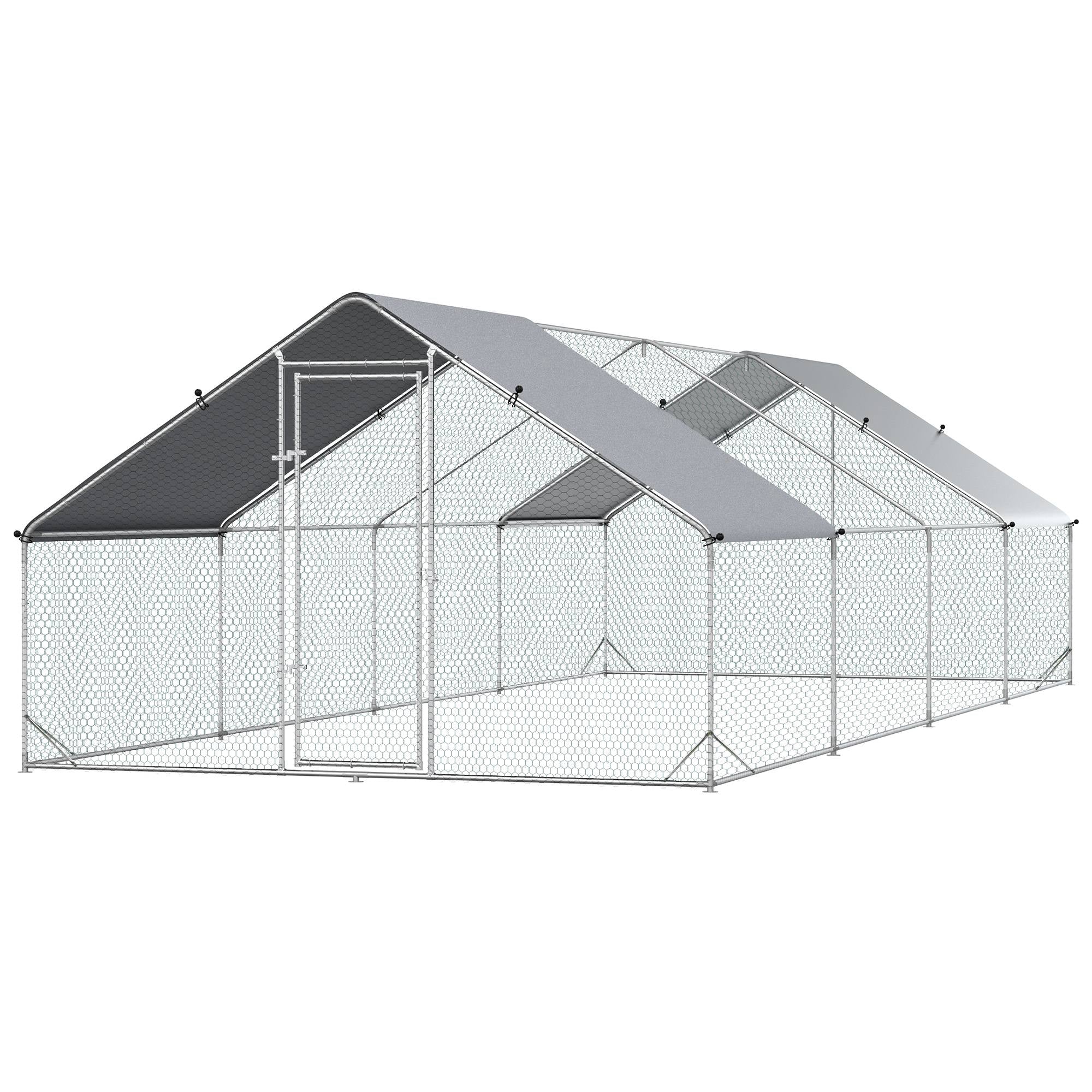 PawHut Metal Chicken Coop, Walk-in Large Chicken Run, Poultry Cage for Backyard Hen, Duck, Rabbit with Water- and UV-Protection Cover, for 16-24 Chickens, 9.8' x 26.2' x 6.6'
