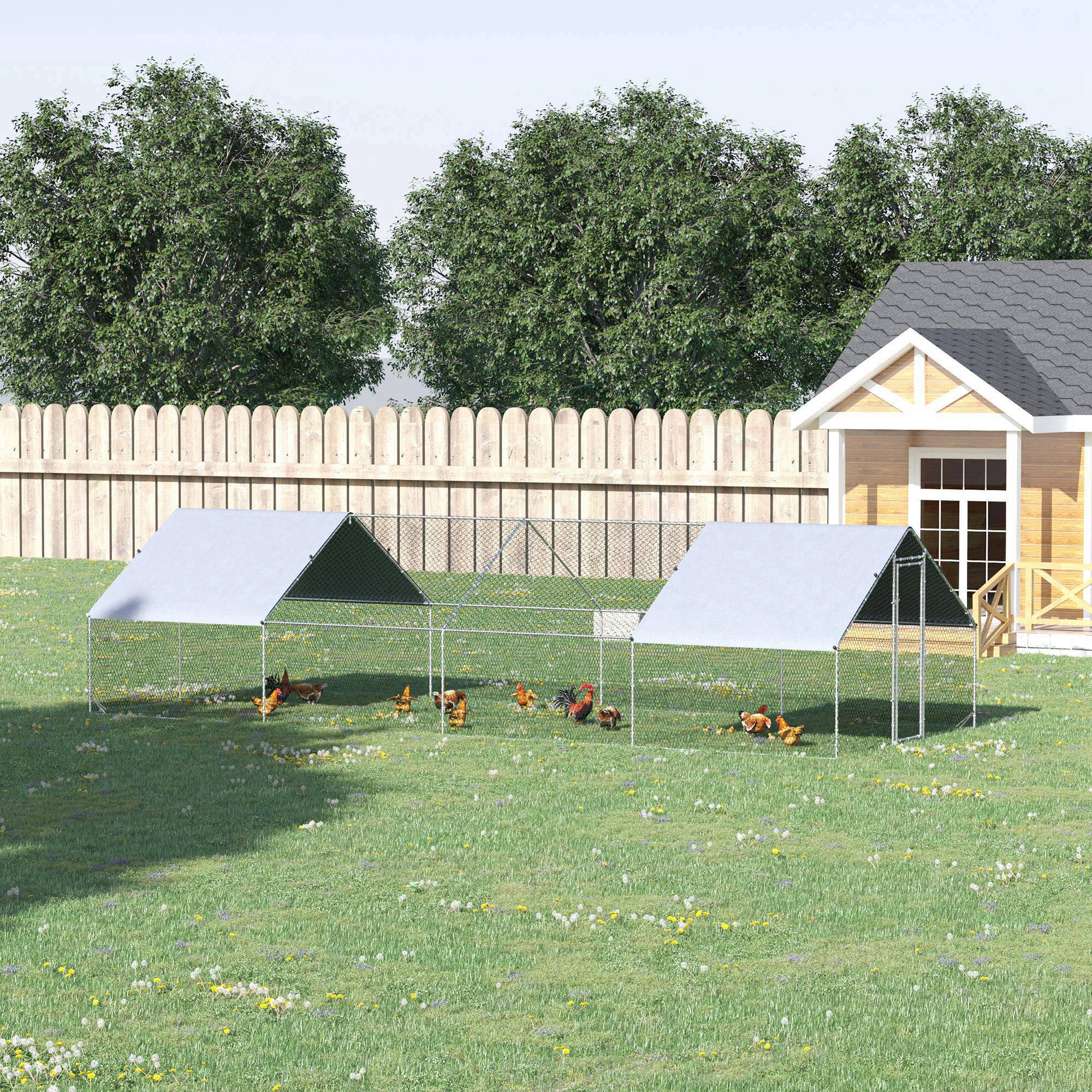 PawHut Metal Chicken Coop, Walk-in Large Chicken Run, Poultry Cage for Backyard Hen, Duck, Rabbit with Water- and UV-Protection Cover, for 16-24 Chickens, 9.8' x 26.2' x 6.6'