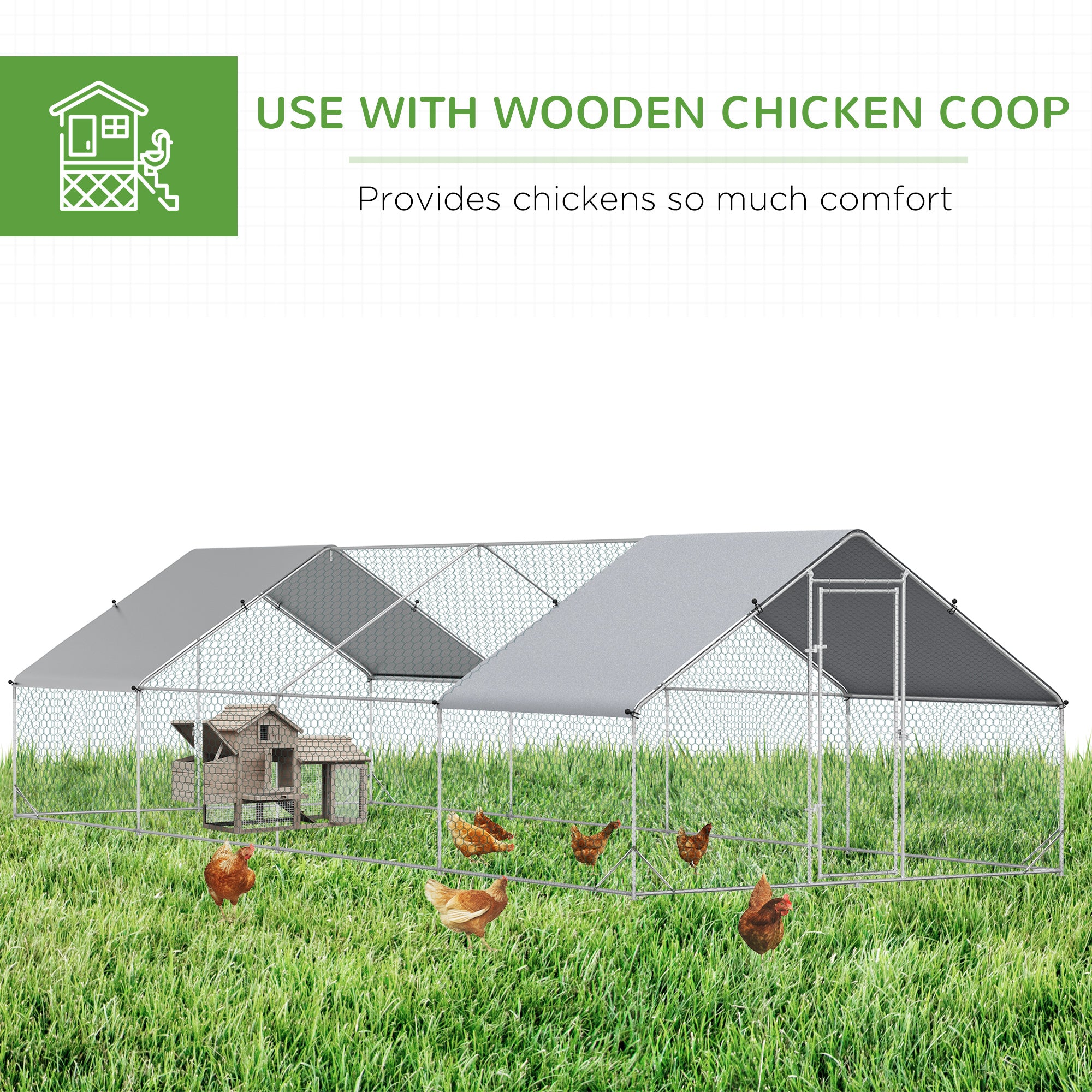 PawHut Metal Chicken Coop, Walk-in Large Chicken Run, Poultry Cage for Backyard Hen, Duck, Rabbit with Water- and UV-Protection Cover, for 16-24 Chickens, 9.8' x 26.2' x 6.6'