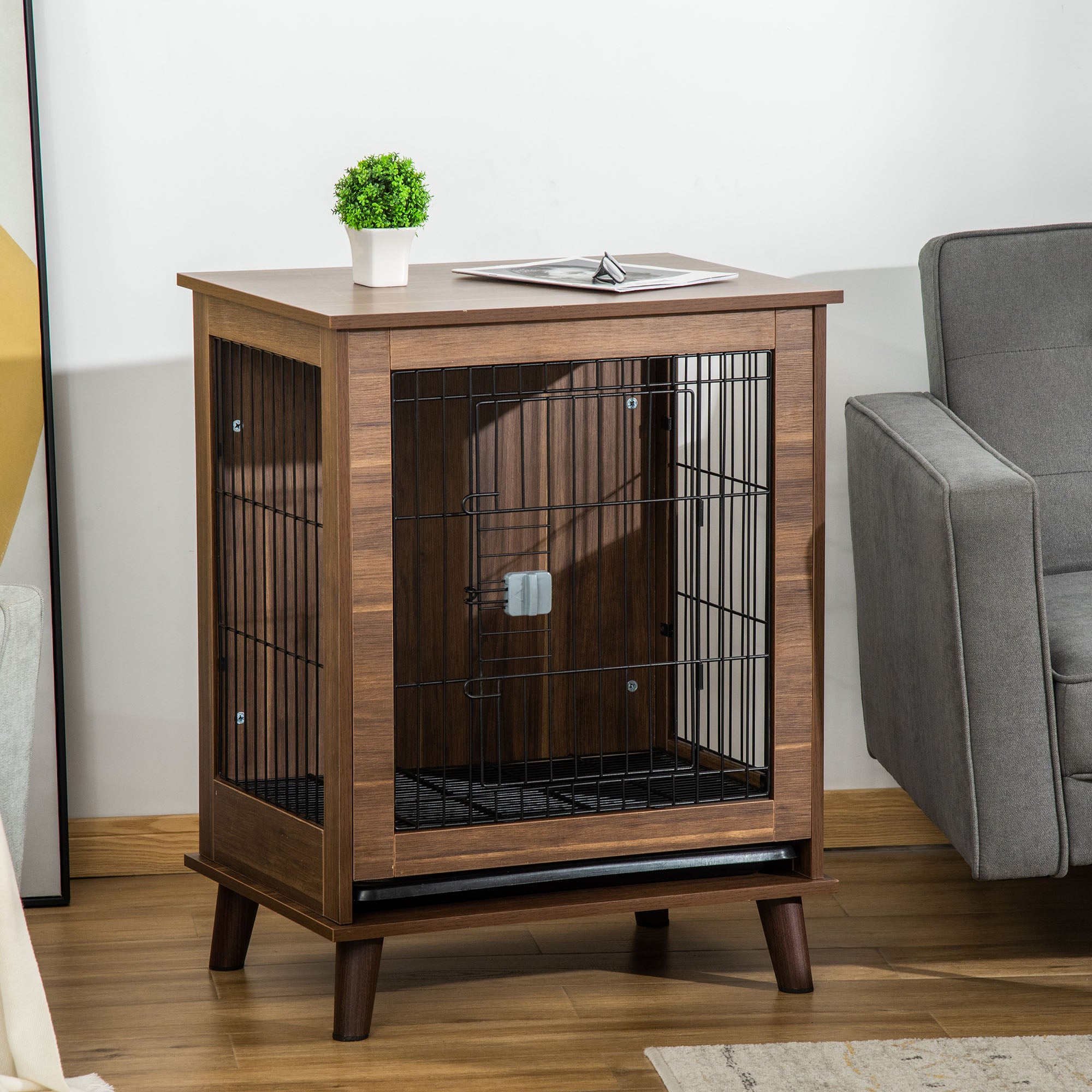 PawHut Wooden Dog Kennel, End Table Furniture with Lockable Doors, Small Size Pet Crate Indoor Animal Cage, Brown