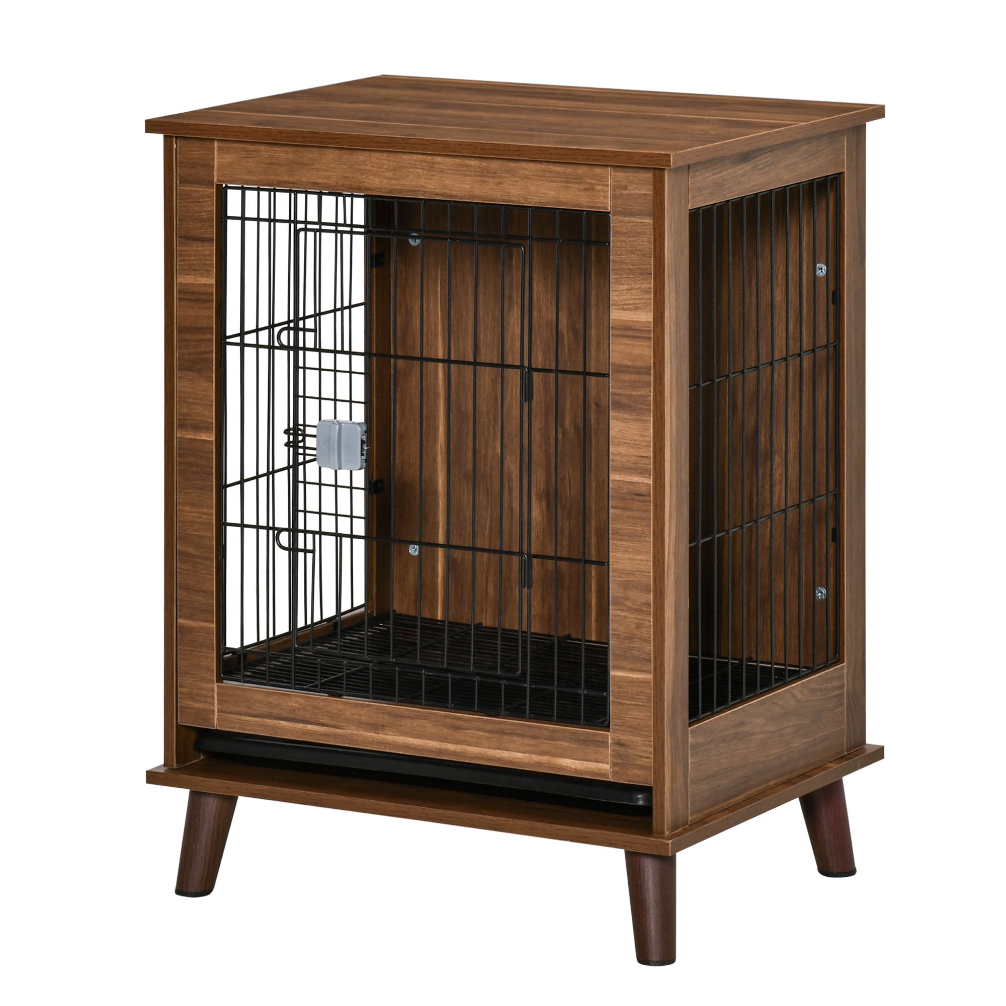 PawHut Wooden Dog Kennel, End Table Furniture with Lockable Doors, Small Size Pet Crate Indoor Animal Cage, Brown