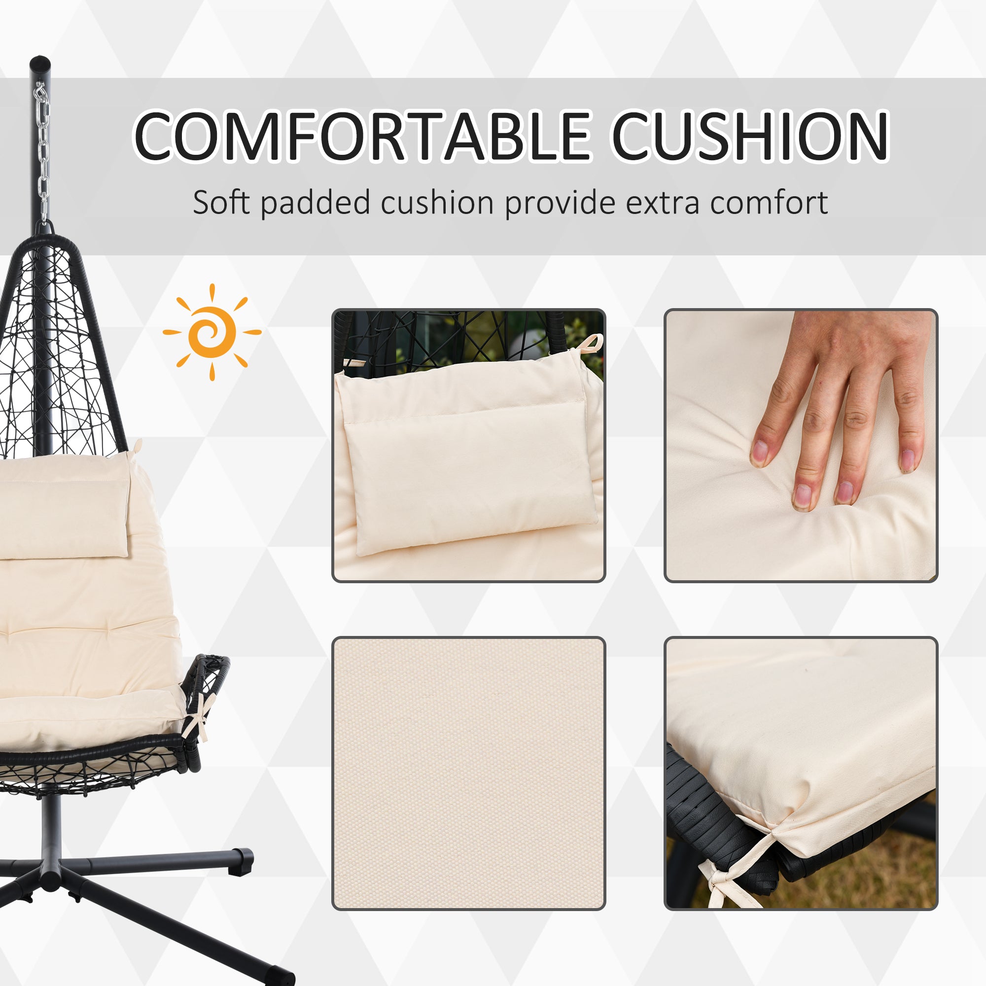 Outdoor Patio Wicker Hanging Egg Chair with Stand, Hammock Swing Chair with Cushion and Pillow, swing Chair with Stand, Cup Holder for Backyard, Garden, Porch, Beige