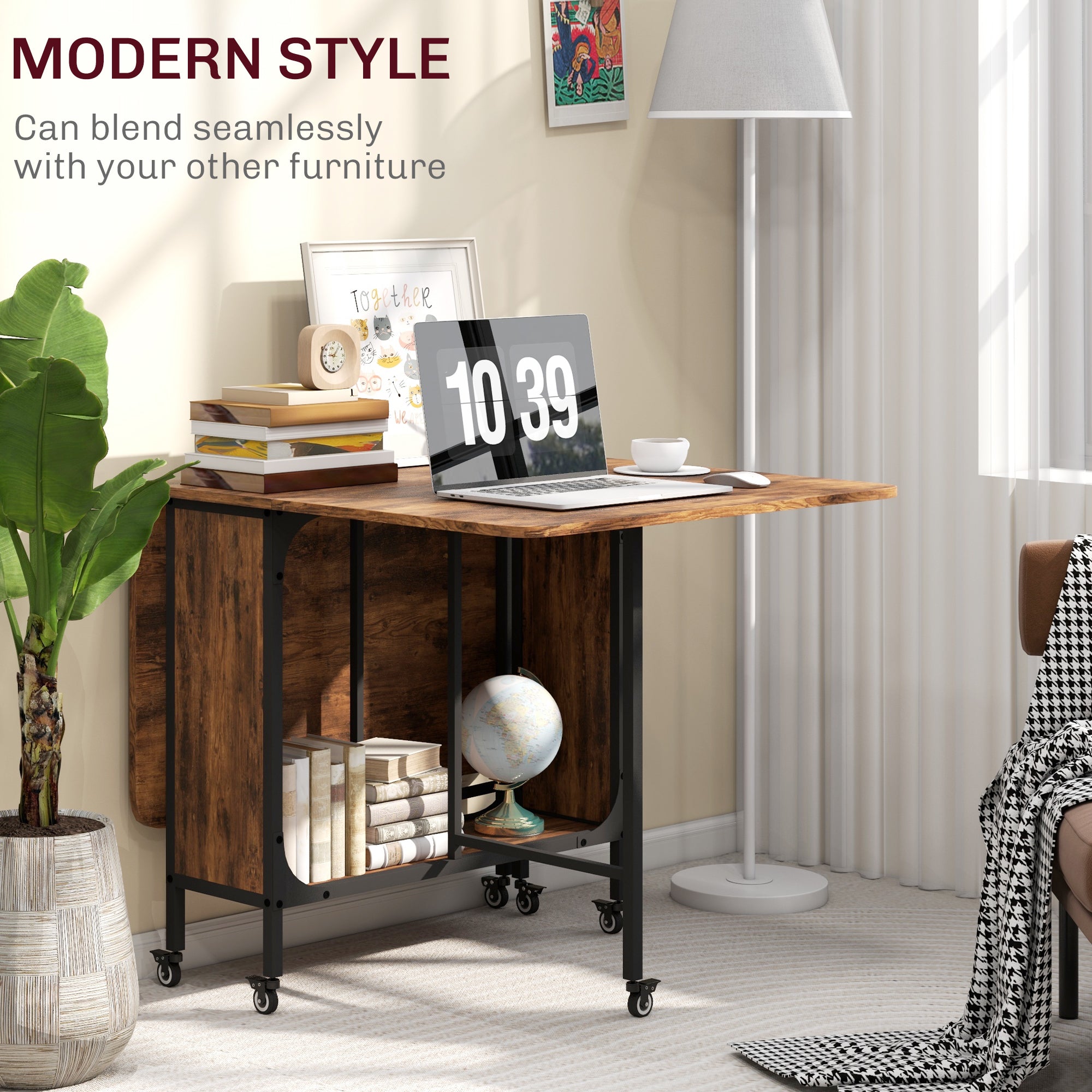 HOMCOM Folding Dining Table, Mobile Drop Leaf Table, Extendable Kitchen Table with Storage Shelf and 6 Wheels for Small Spaces, Rustic Brown