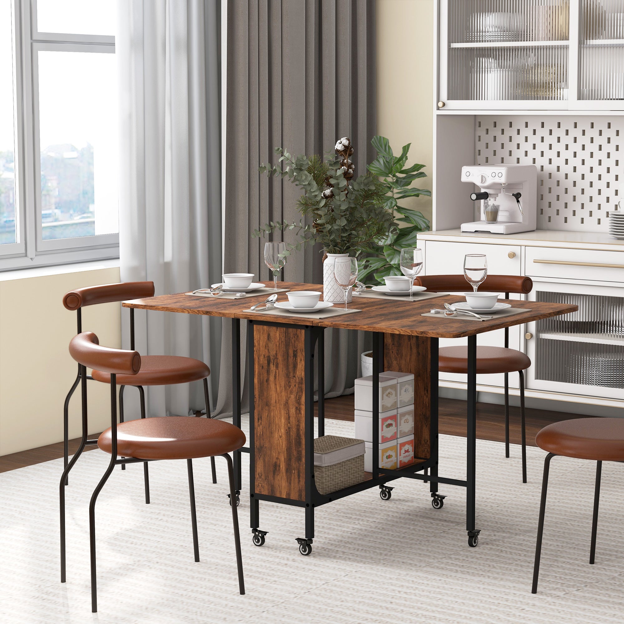 HOMCOM Folding Dining Table, Mobile Drop Leaf Table, Extendable Kitchen Table with Storage Shelf and 6 Wheels for Small Spaces, Rustic Brown