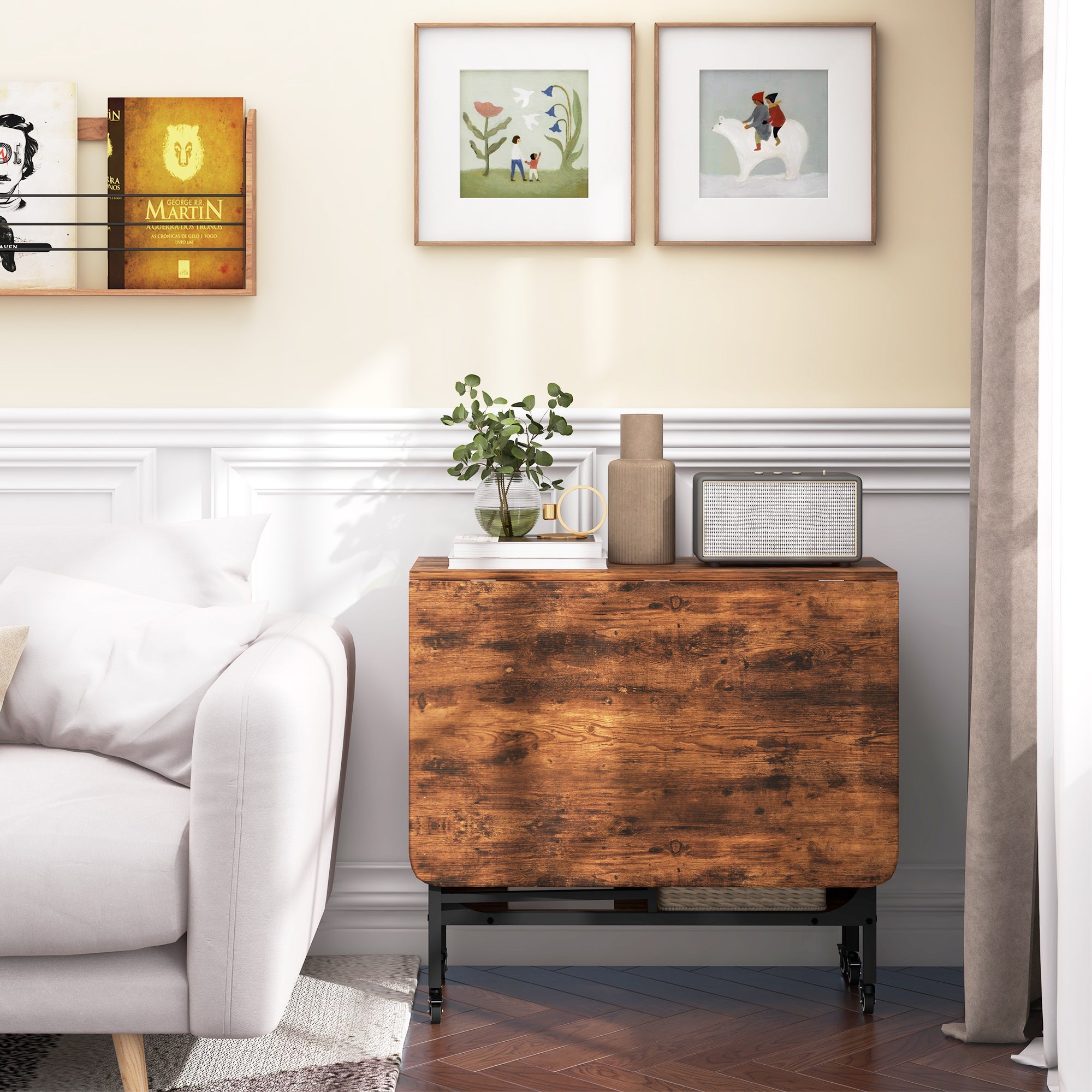 HOMCOM Folding Dining Table, Mobile Drop Leaf Table, Extendable Kitchen Table with Storage Shelf and 6 Wheels for Small Spaces, Rustic Brown