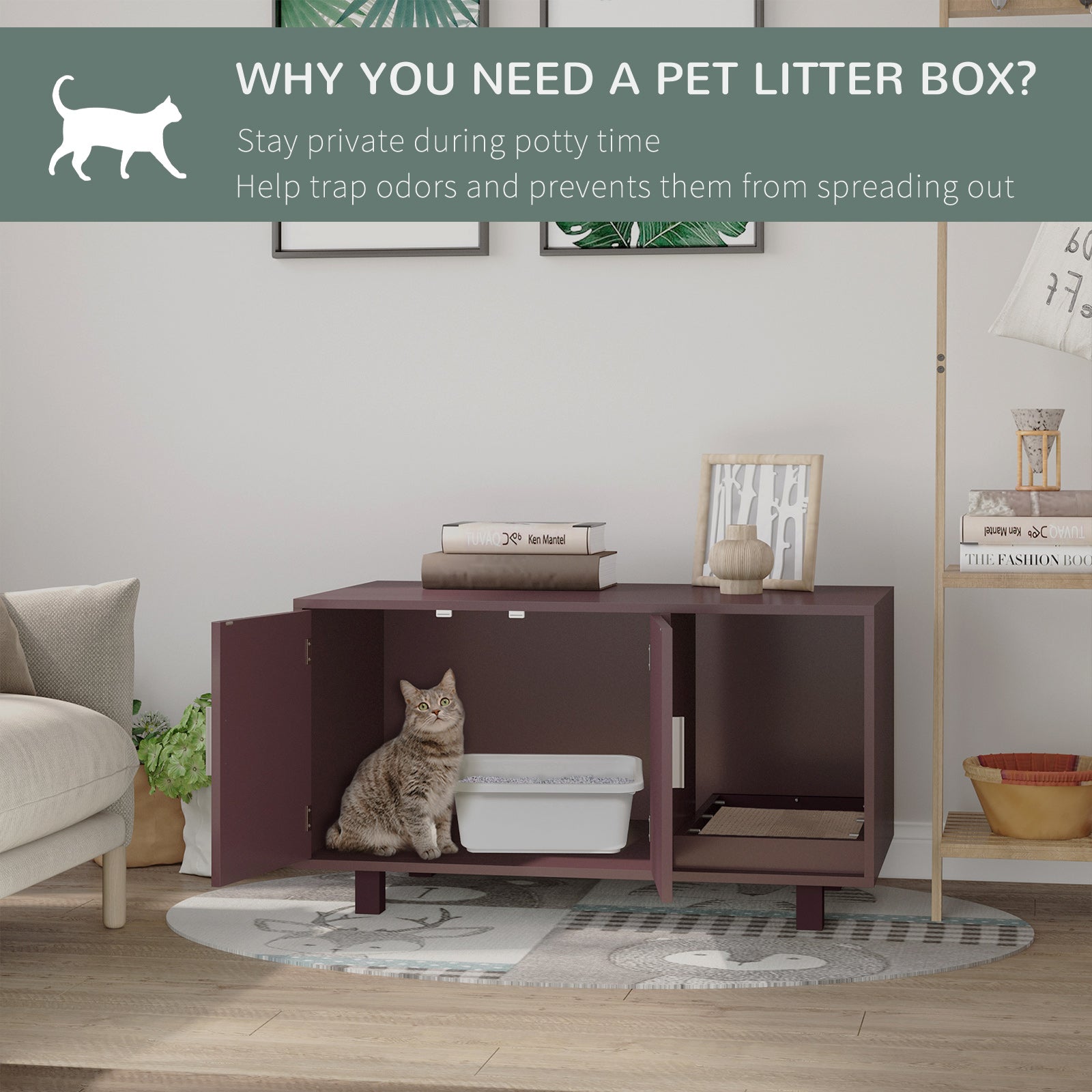 PawHut Cat Litter Box Enclosure, Hidden Litter Box Furniture, Cat House End Table Washroom with Scratching Pad, for Indoor Cats Kittens, Brown
