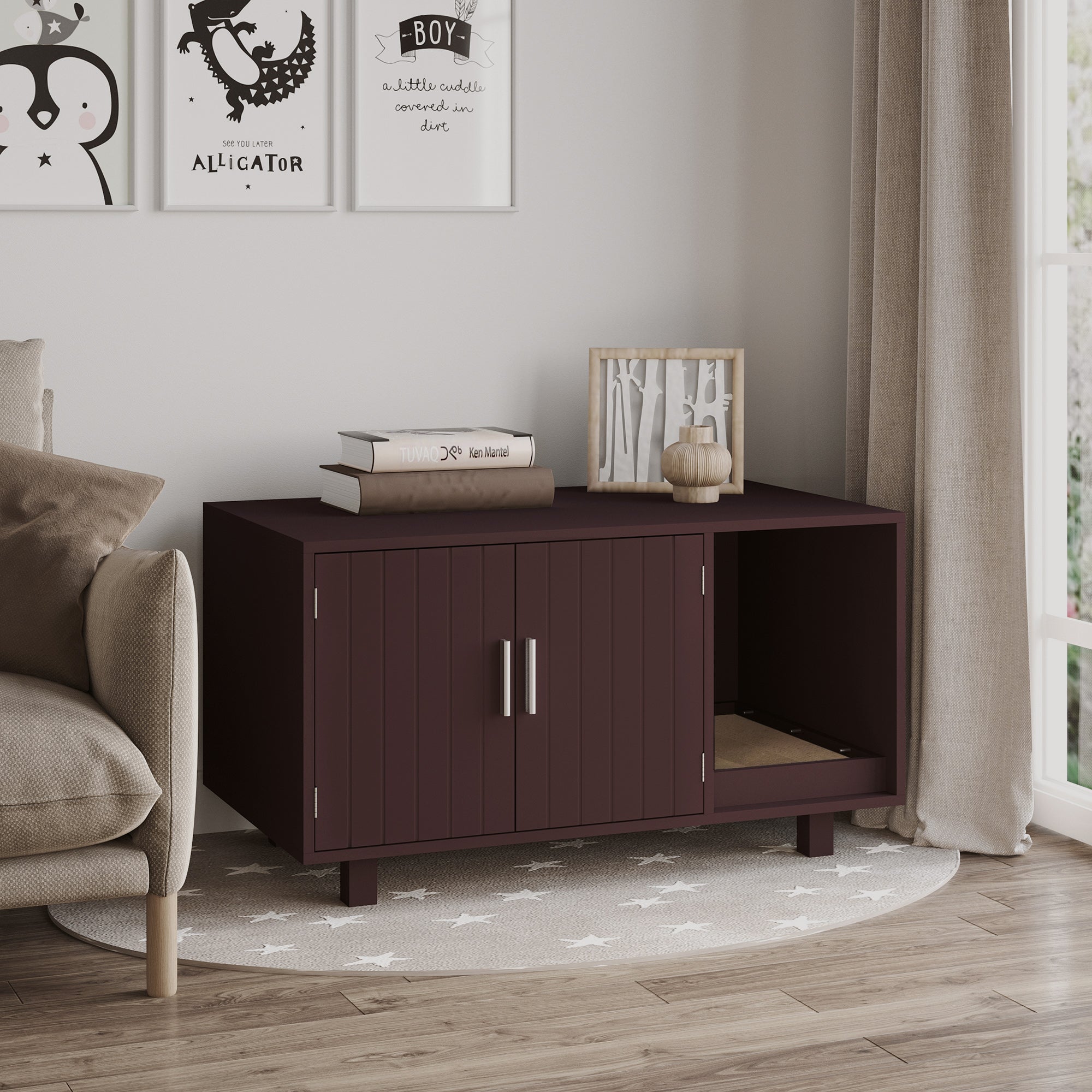 PawHut Cat Litter Box Enclosure, Hidden Litter Box Furniture, Cat House End Table Washroom with Scratching Pad, for Indoor Cats Kittens, Brown