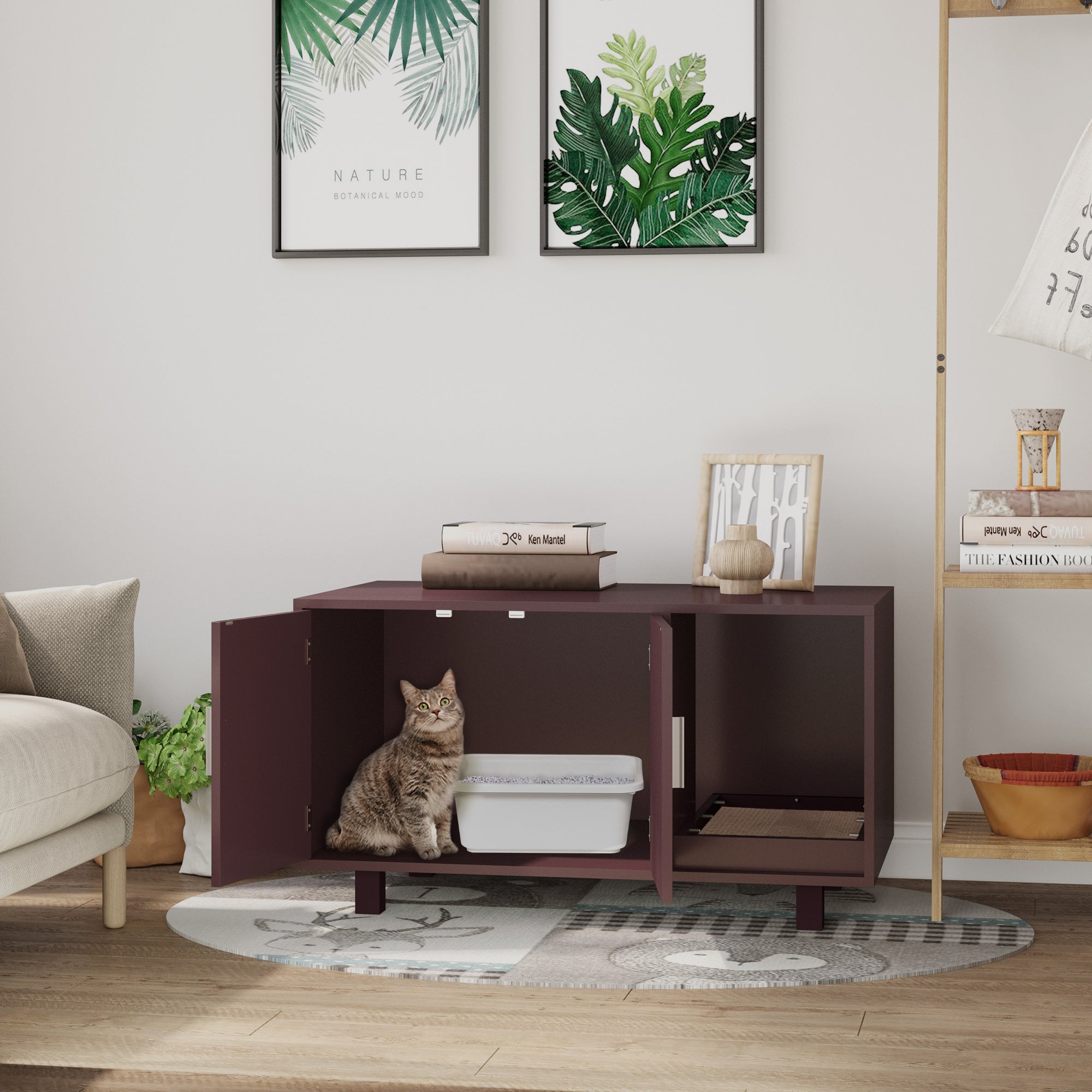 PawHut Cat Litter Box Enclosure, Hidden Litter Box Furniture, Cat House End Table Washroom with Scratching Pad, for Indoor Cats Kittens, Brown