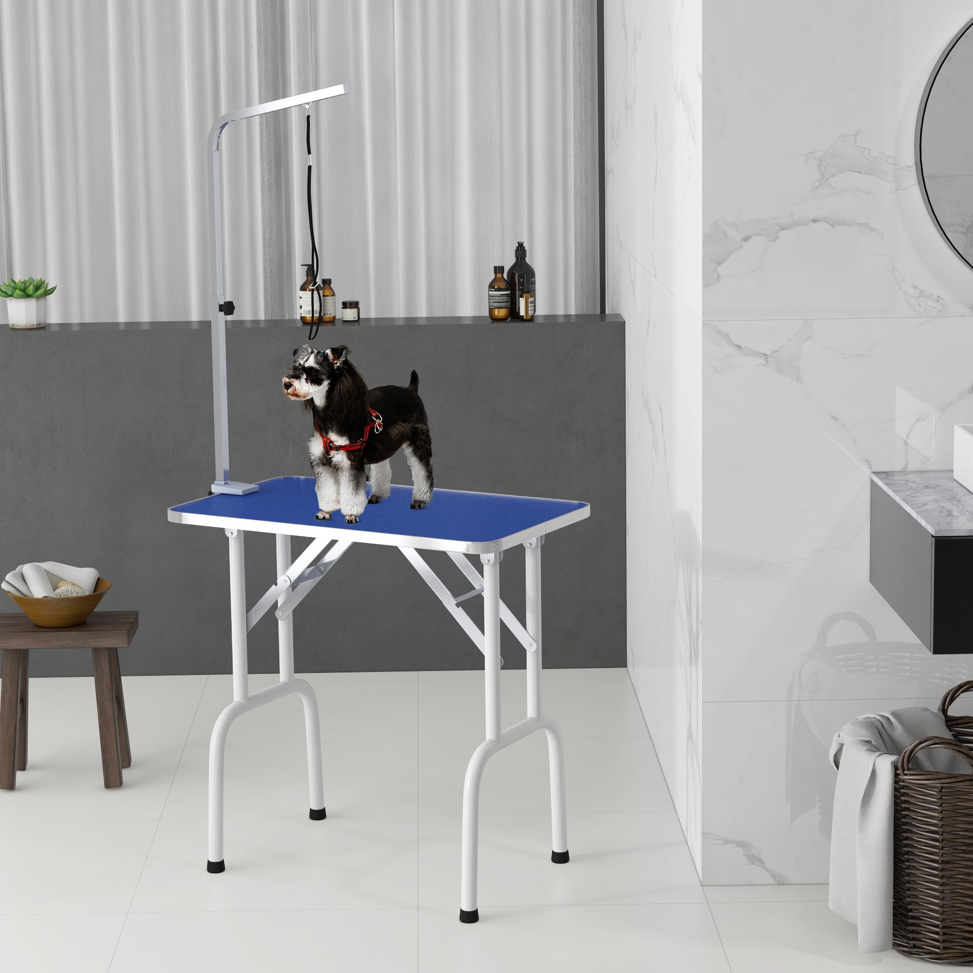 PawHut 32in Foldable Dog Grooming Table for Small Dogs, Pet Grooming Table for Dogs Cats with Adjustable Arm, Non-Slip Surface, Blue