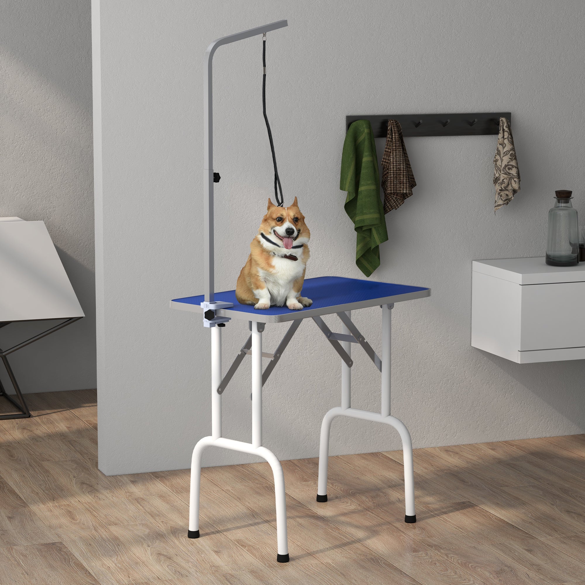 PawHut 32in Foldable Dog Grooming Table for Small Dogs, Pet Grooming Table for Dogs Cats with Adjustable Arm, Non-Slip Surface, Blue