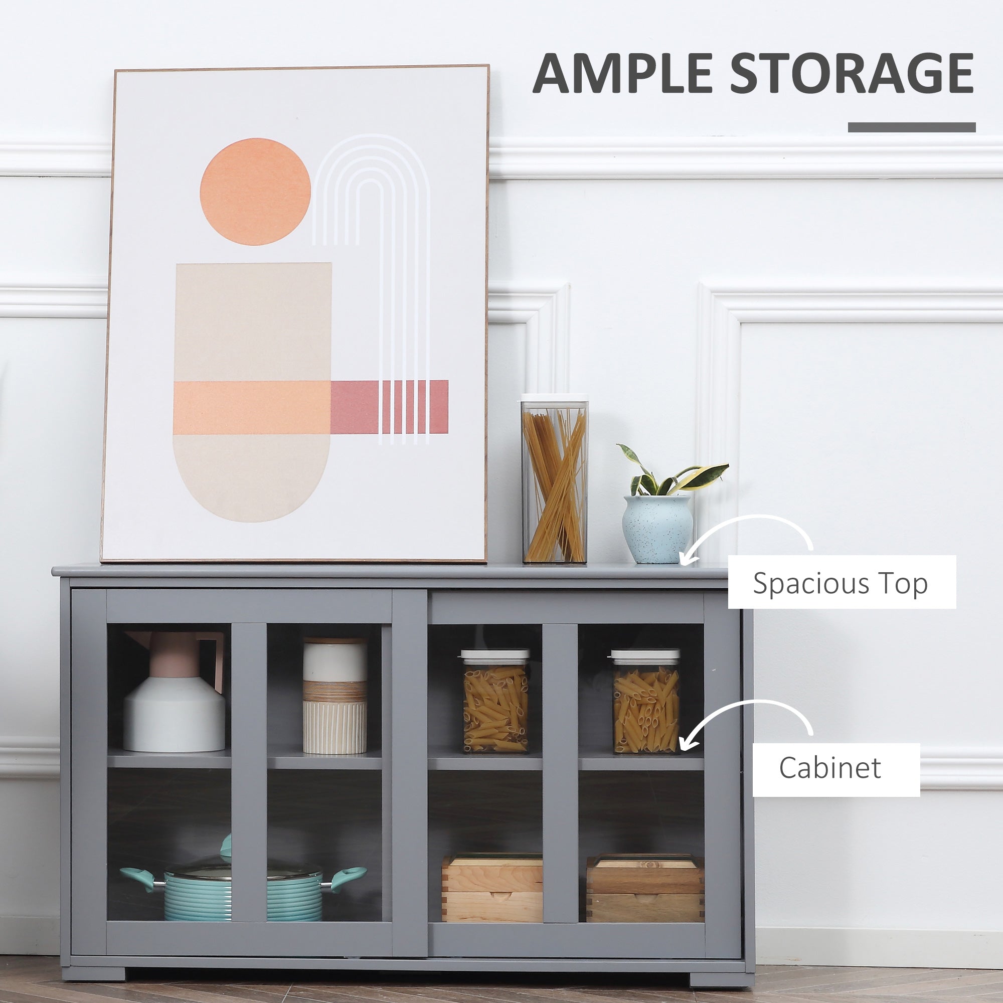 HOMCOM Modern Kitchen Sideboard, Stackable Storage Cabinet, Sliding Glass Door Console, Cupboard Serving Buffet, Light Grey