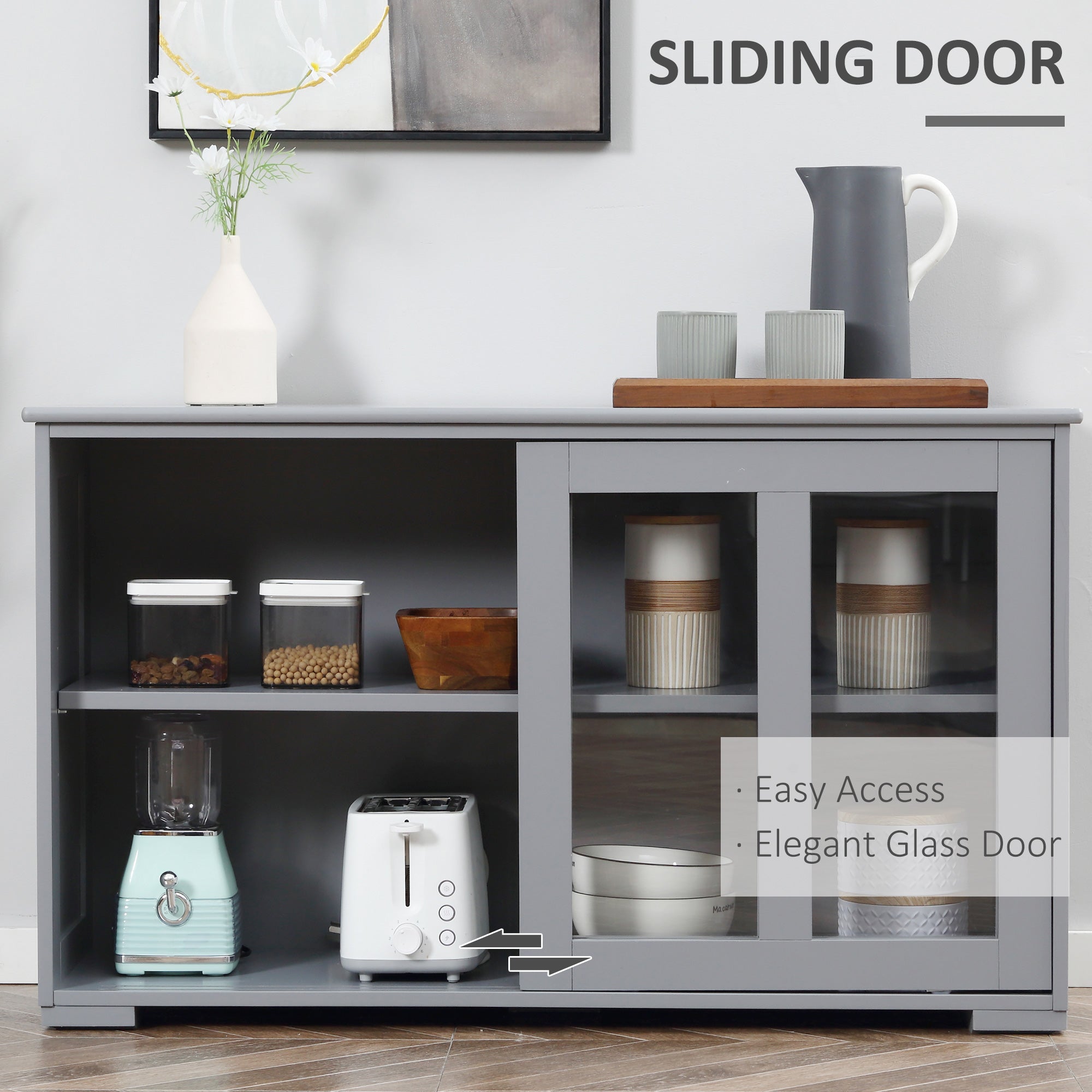 HOMCOM Modern Kitchen Sideboard, Stackable Storage Cabinet, Sliding Glass Door Console, Cupboard Serving Buffet, Light Grey