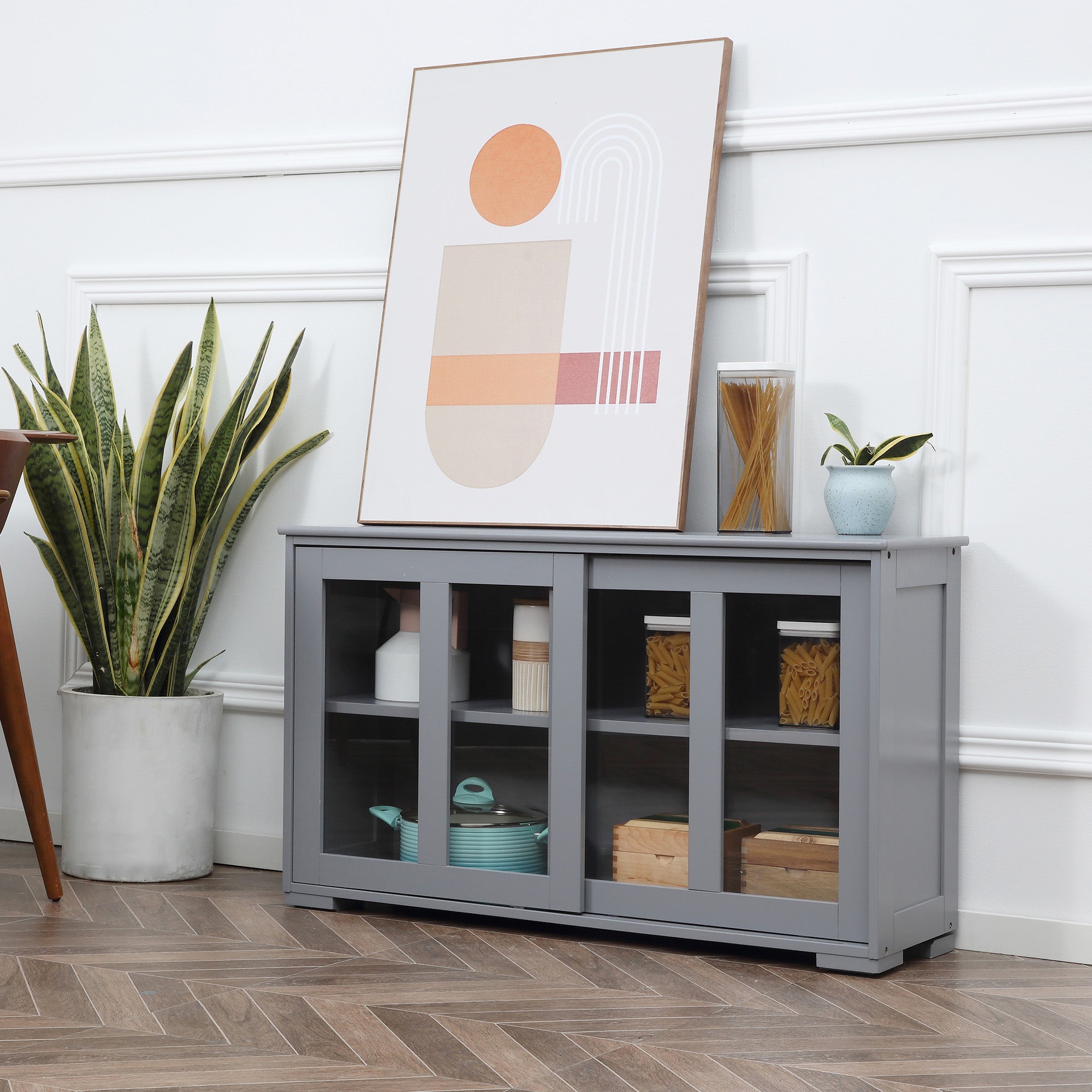 HOMCOM Modern Kitchen Sideboard, Stackable Storage Cabinet, Sliding Glass Door Console, Cupboard Serving Buffet, Light Grey