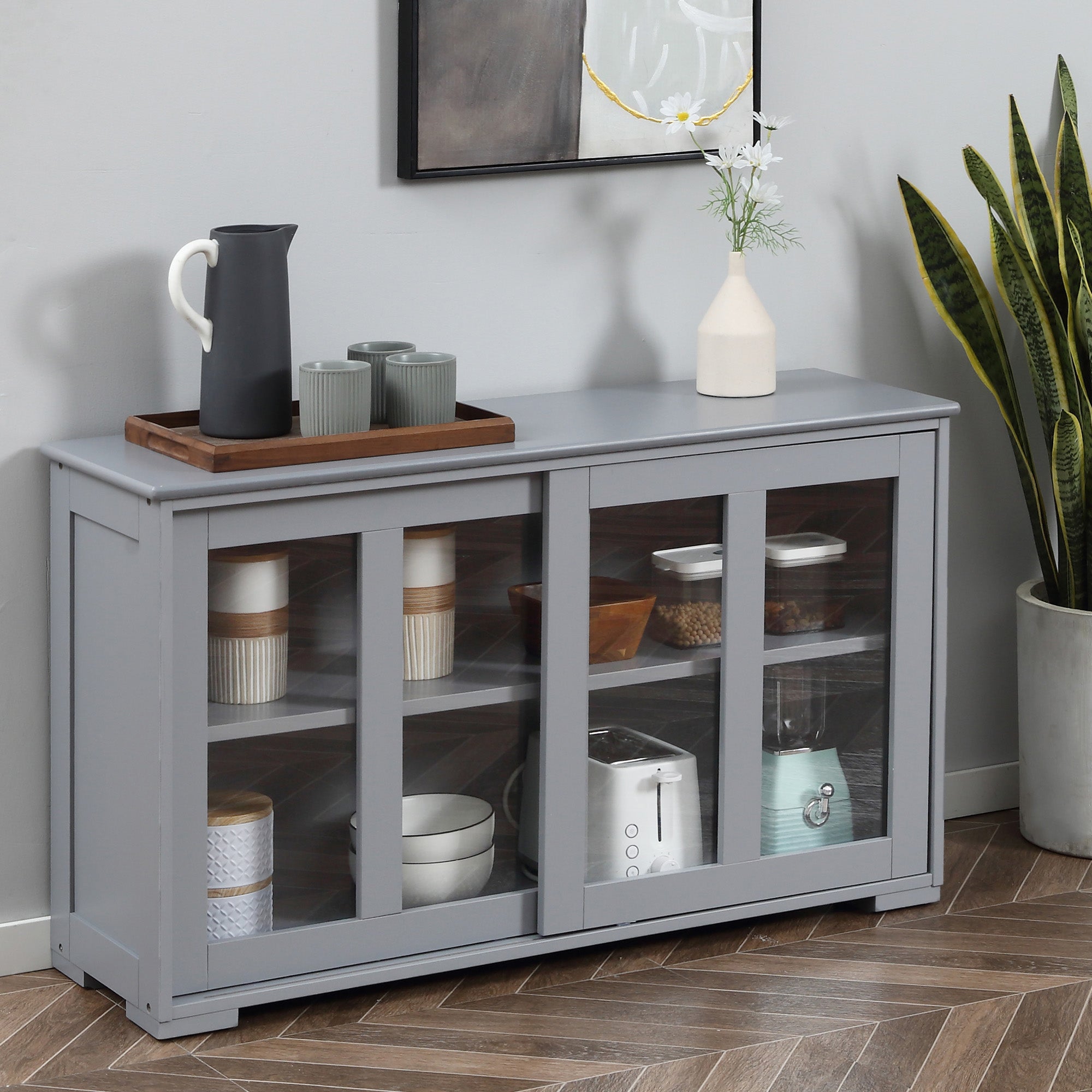 HOMCOM Modern Kitchen Sideboard, Stackable Storage Cabinet, Sliding Glass Door Console, Cupboard Serving Buffet, Light Grey