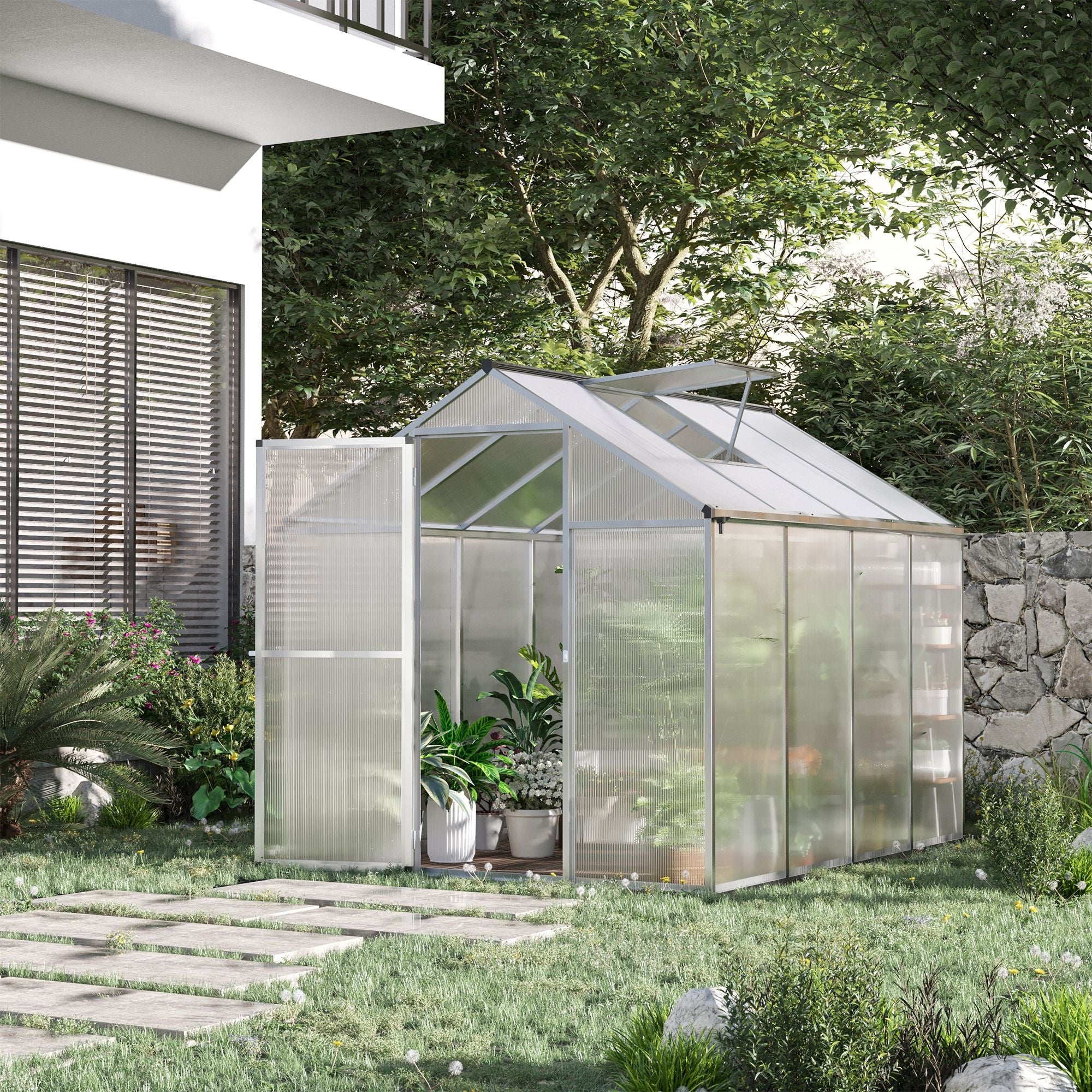 Outsunny 6' x 8' x 6.4' Walk-in Garden Greenhouse Polycarbonate Panels Plants Flower Growth Shed Cold Frame Outdoor Portable Warm House Aluminum Frame, Silver