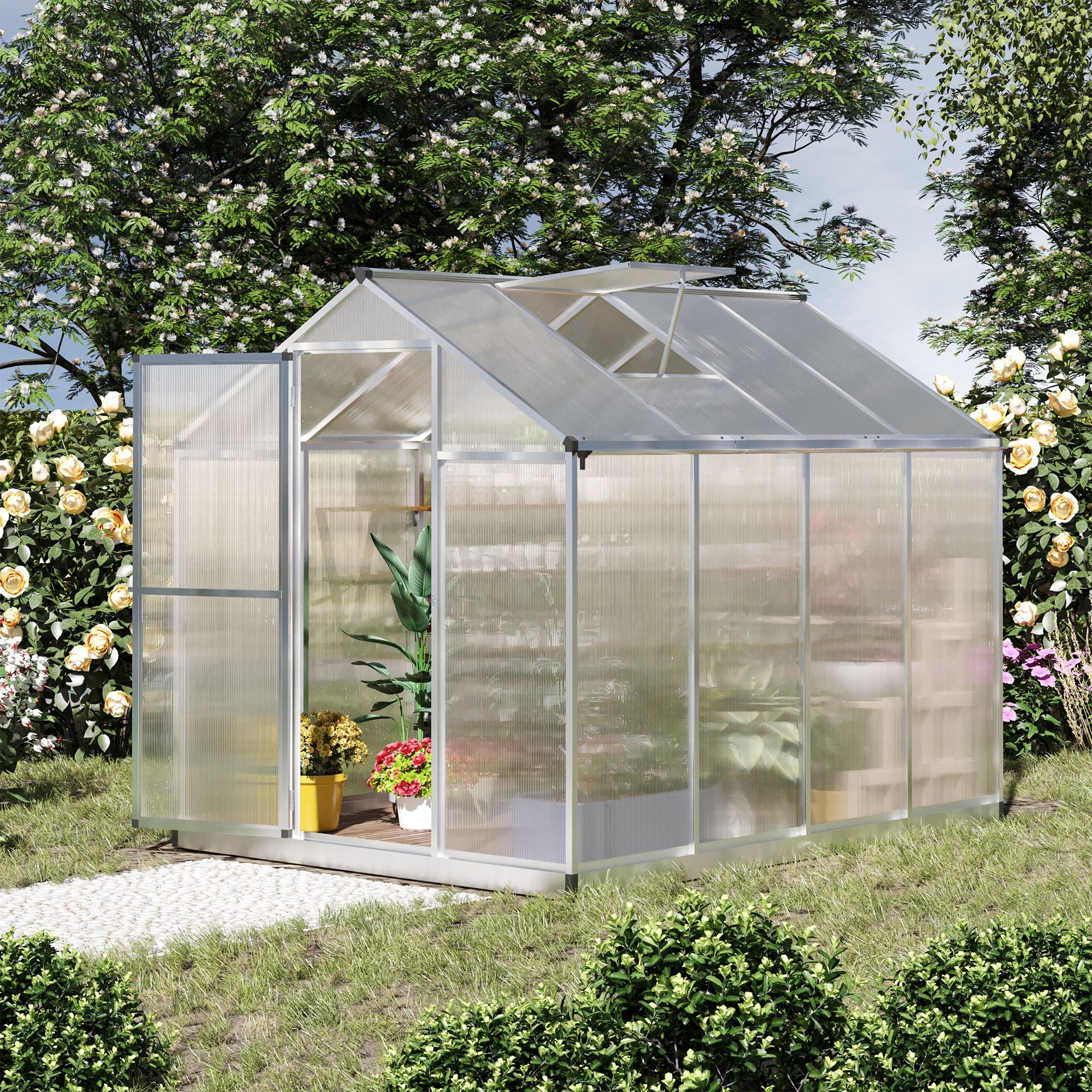 Outsunny 6' x 8' x 6.4' Walk-in Garden Greenhouse Polycarbonate Panels Plants Flower Growth Shed Cold Frame Outdoor Portable Warm House Aluminum Frame, Silver