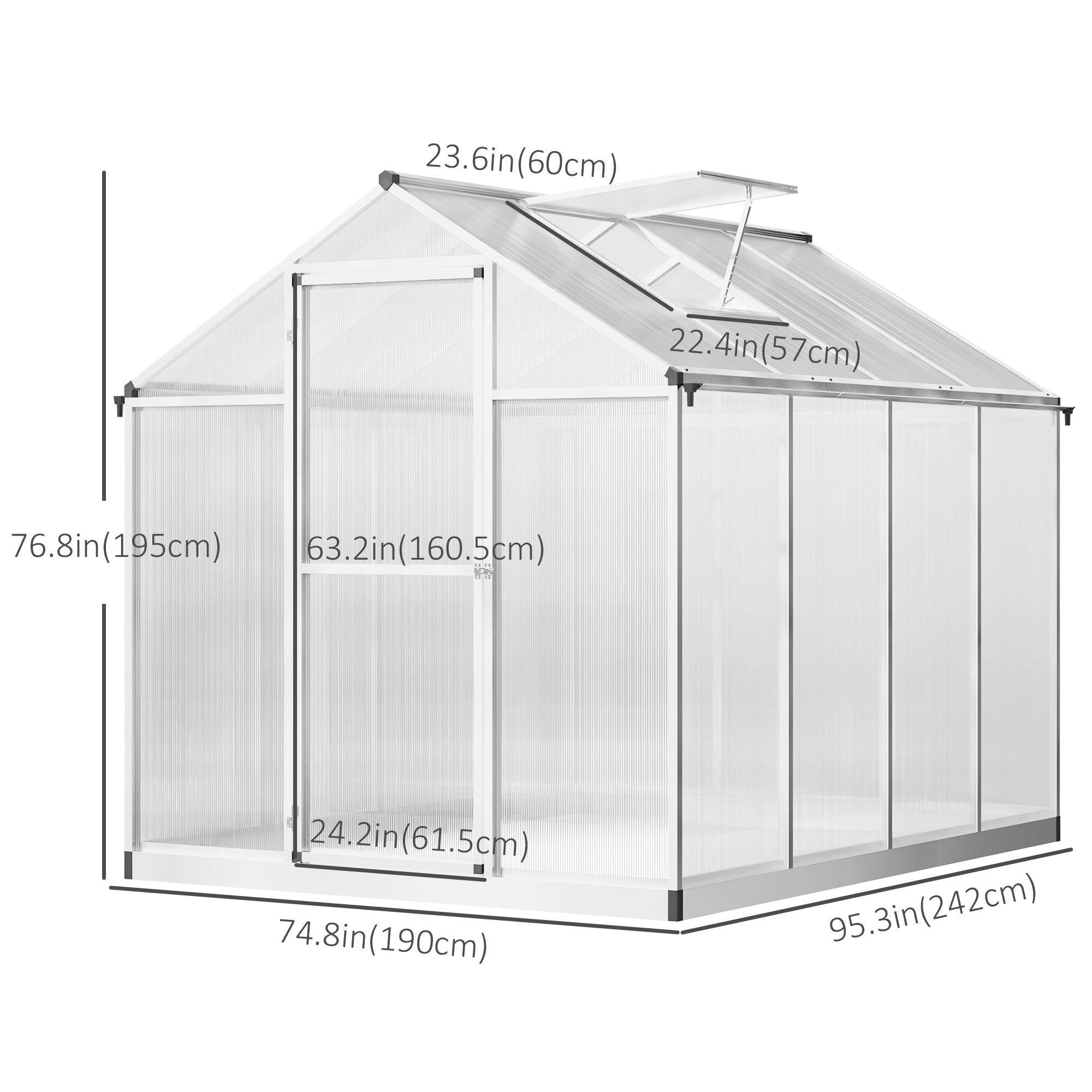 Outsunny 6' x 8' x 6.4' Walk-in Garden Greenhouse Polycarbonate Panels Plants Flower Growth Shed Cold Frame Outdoor Portable Warm House Aluminum Frame, Silver