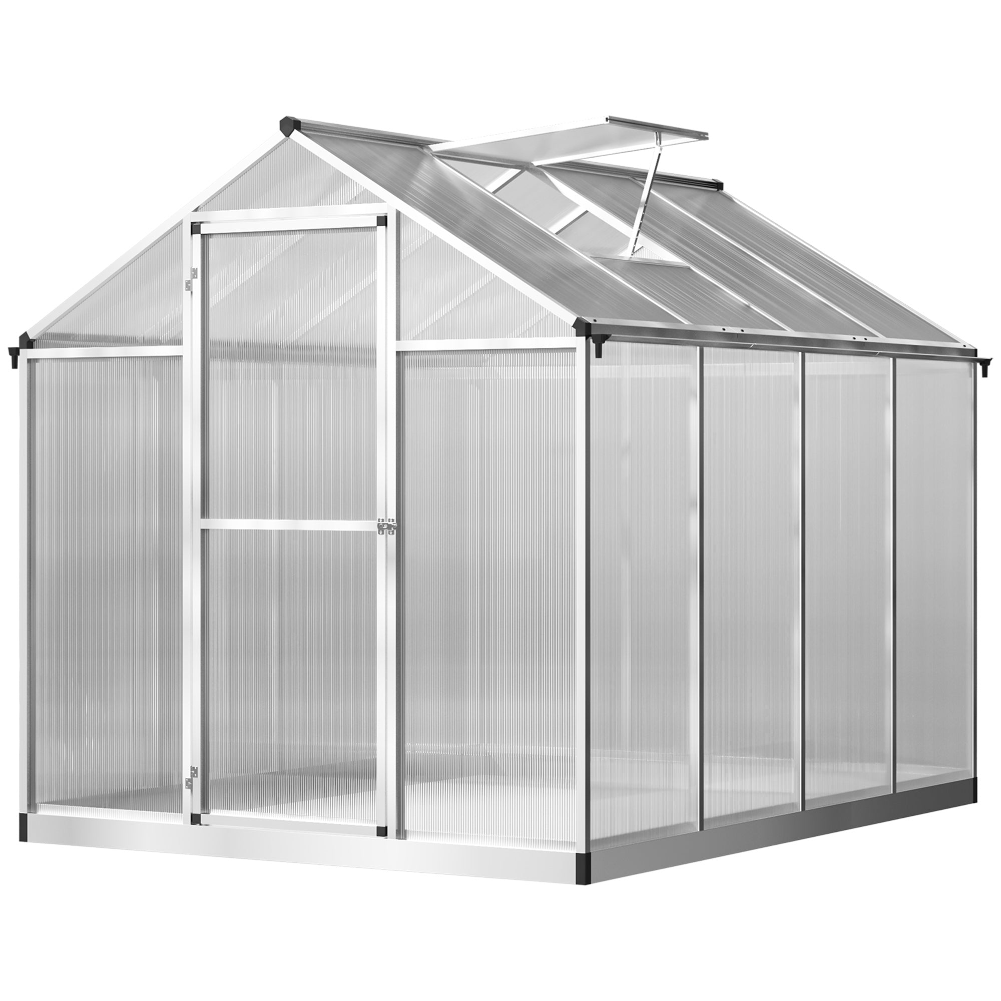 Outsunny 6' x 8' x 6.4' Walk-in Garden Greenhouse Polycarbonate Panels Plants Flower Growth Shed Cold Frame Outdoor Portable Warm House Aluminum Frame, Silver