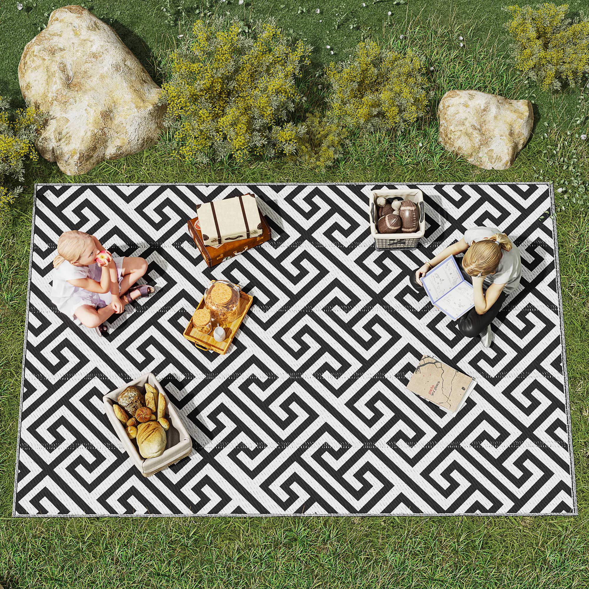 Outsunny Reversible Outdoor RV Rug, 6' x 9' Patio Floor Mat, Plastic Straw Rug for Backyard, Deck, Picnic, Beach, Camping, Black and White