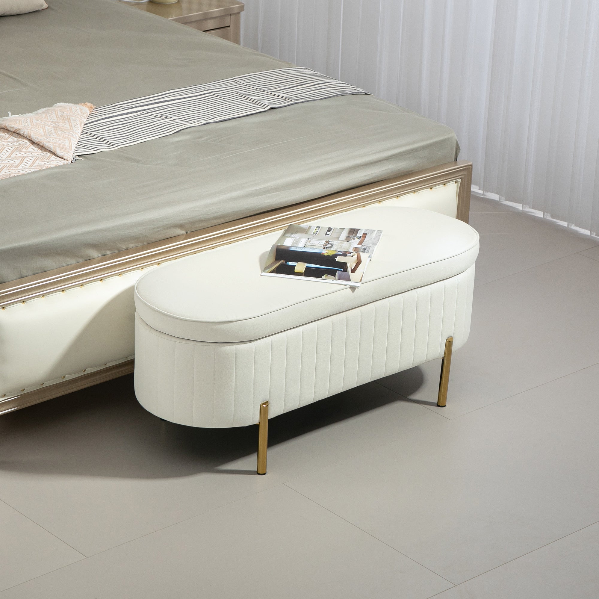 HOMCOM Upholstered Bedroom Bench, Channel Tufted Storage Bench, Bench Seat with Thick Padding and Metal Legs, Ottoman Bench for Bedroom Living Room, Hallway, Cream White
