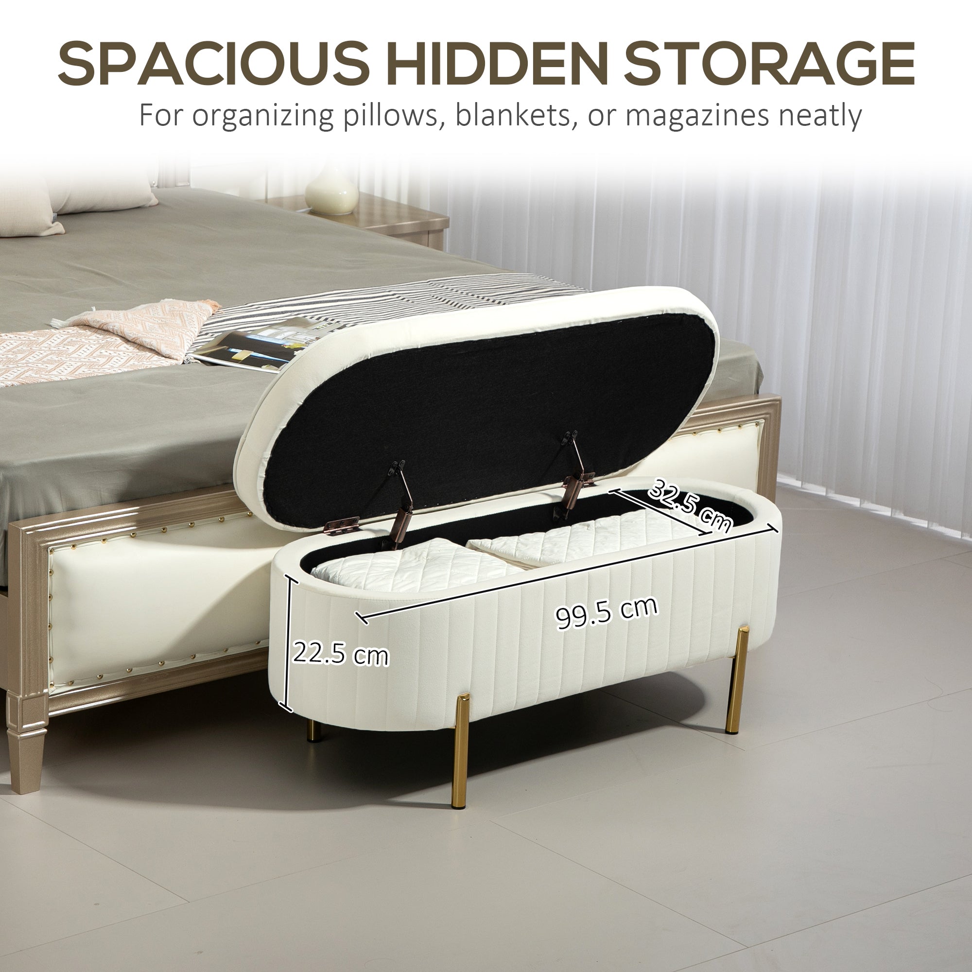 HOMCOM Upholstered Bedroom Bench, Channel Tufted Storage Bench, Bench Seat with Thick Padding and Metal Legs, Ottoman Bench for Bedroom Living Room, Hallway, Cream White