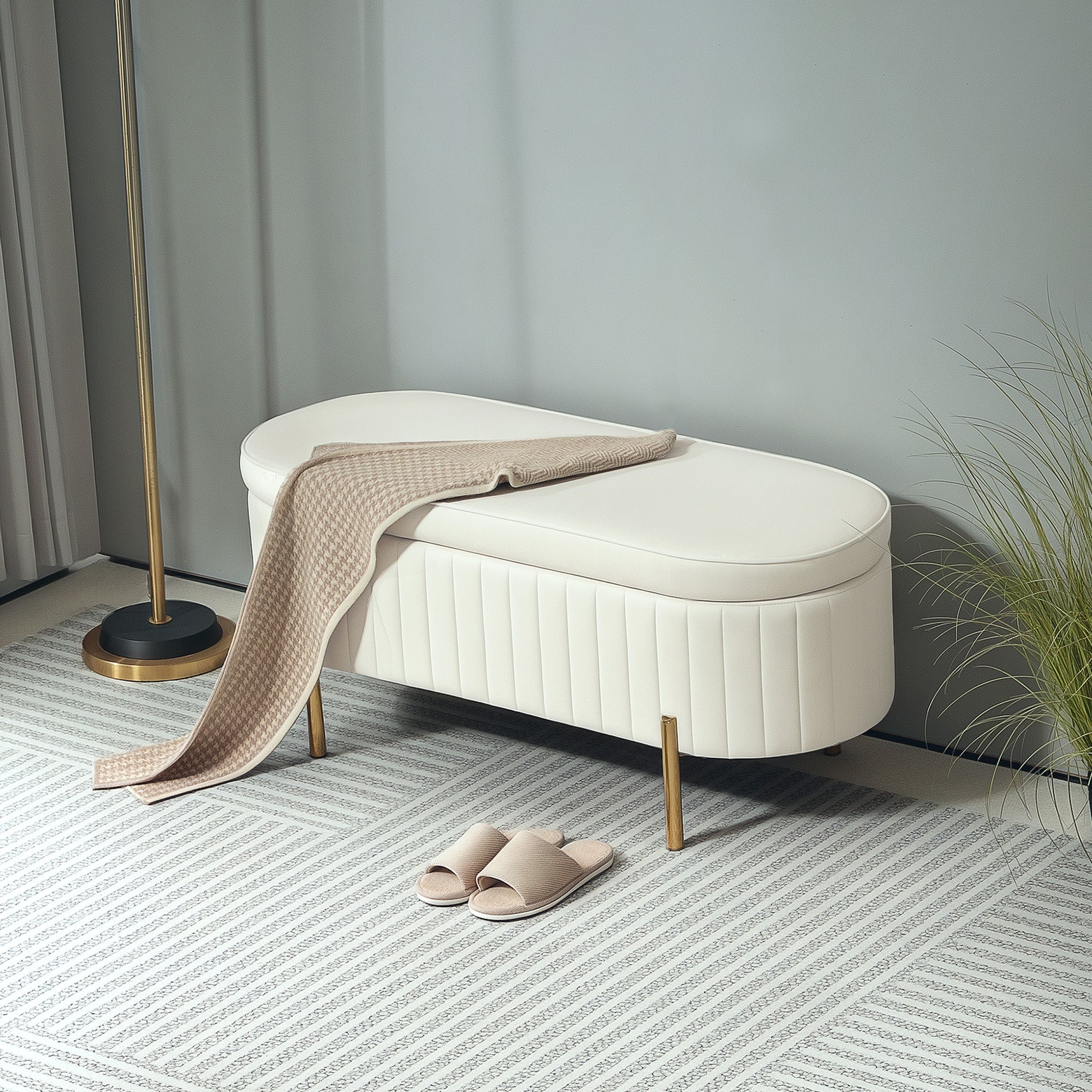 HOMCOM Upholstered Bedroom Bench, Channel Tufted Storage Bench, Bench Seat with Thick Padding and Metal Legs, Ottoman Bench for Bedroom Living Room, Hallway, Cream White