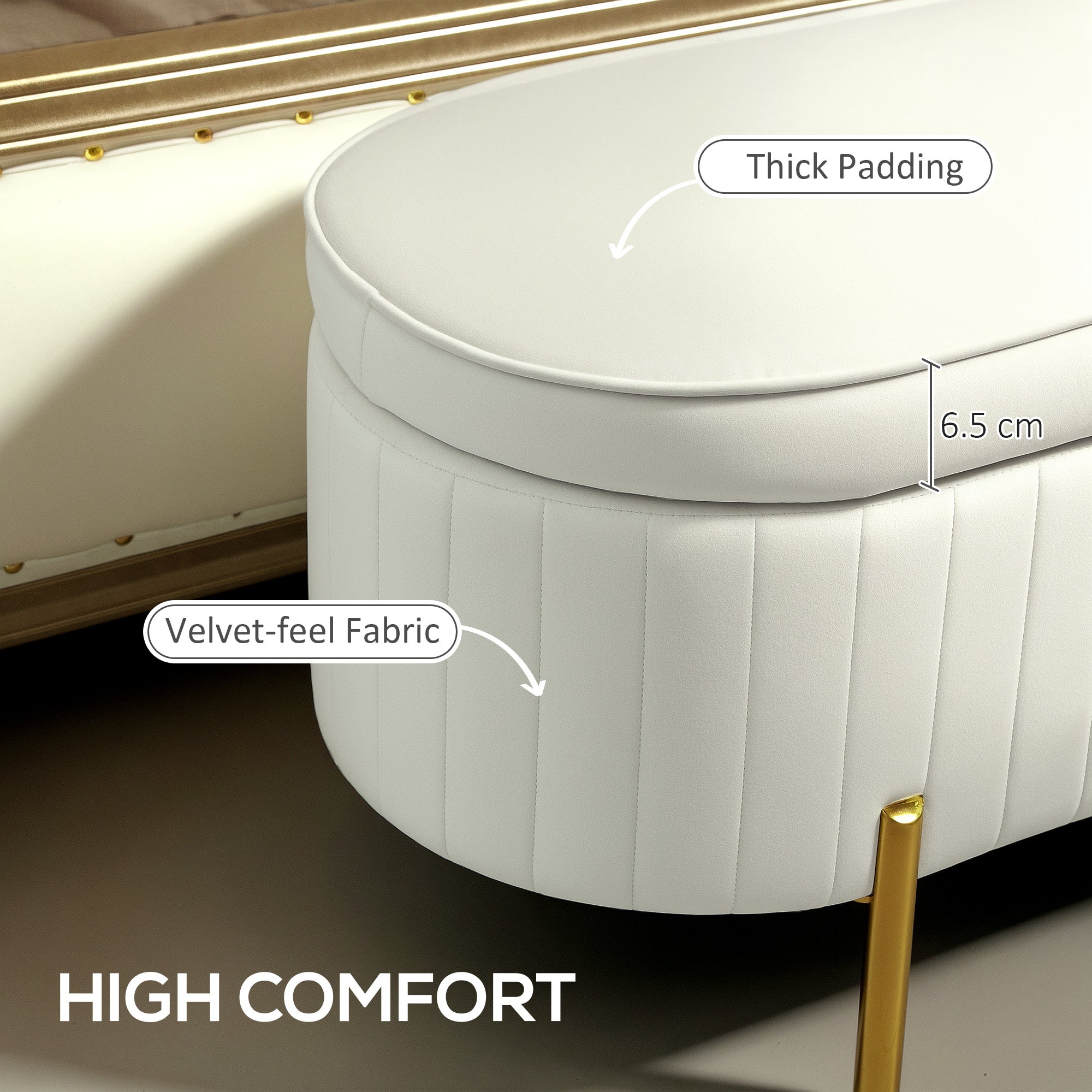 HOMCOM Upholstered Bedroom Bench, Channel Tufted Storage Bench, Bench Seat with Thick Padding and Metal Legs, Ottoman Bench for Bedroom Living Room, Hallway, Cream White