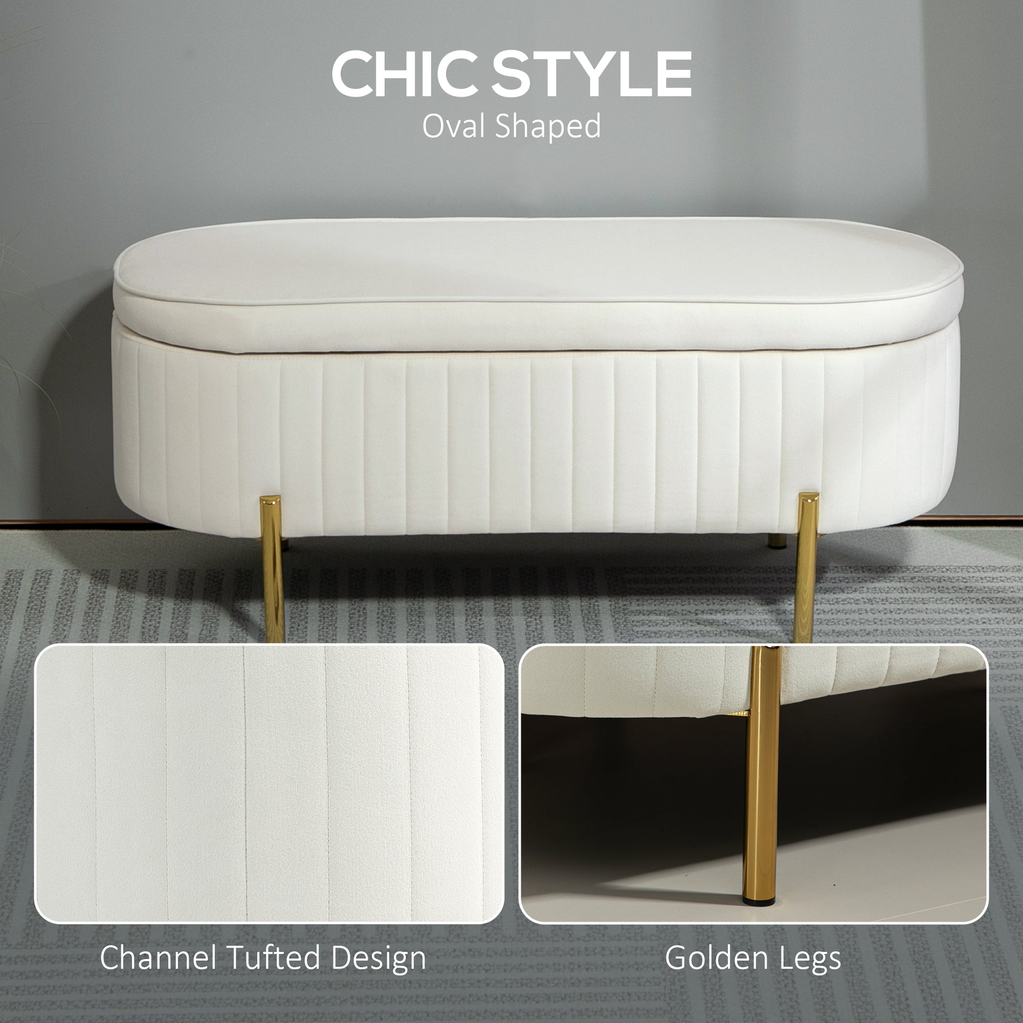 HOMCOM Upholstered Bedroom Bench, Channel Tufted Storage Bench, Bench Seat with Thick Padding and Metal Legs, Ottoman Bench for Bedroom Living Room, Hallway, Cream White