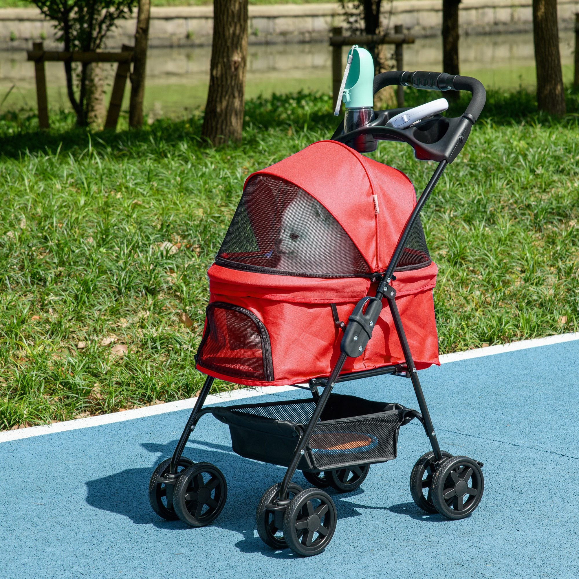PawHut Dog Pram Dog Stroller Foldable Pet Pushchair with 4 Wheels, Safety Leashes, Cup Holder for Small Dogs, Red